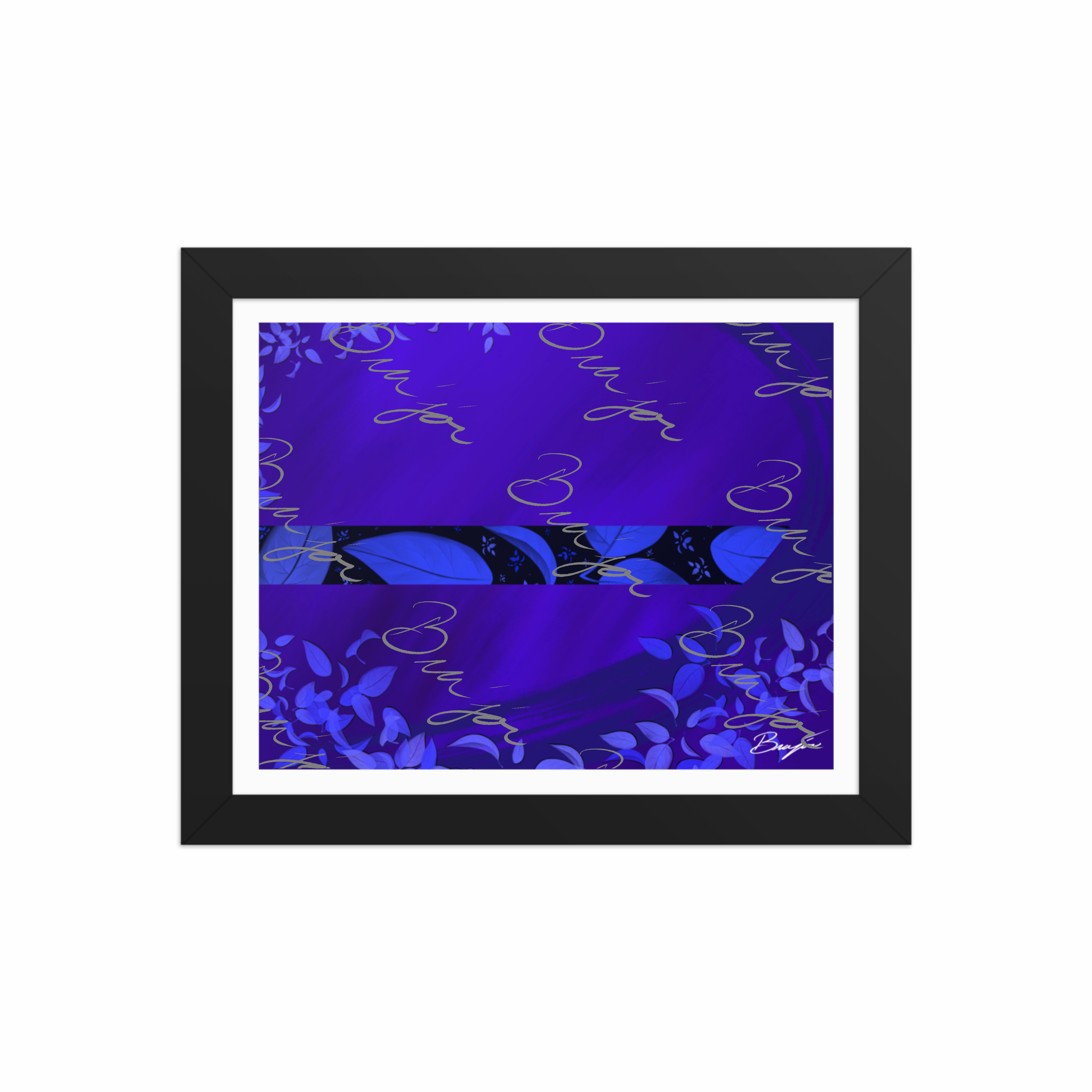 8x10 Black Framed abstract artwork titled A Moment designed by the digital abstract artist Bra'jor. Artwork includes the colors Blue, Black, and Purple