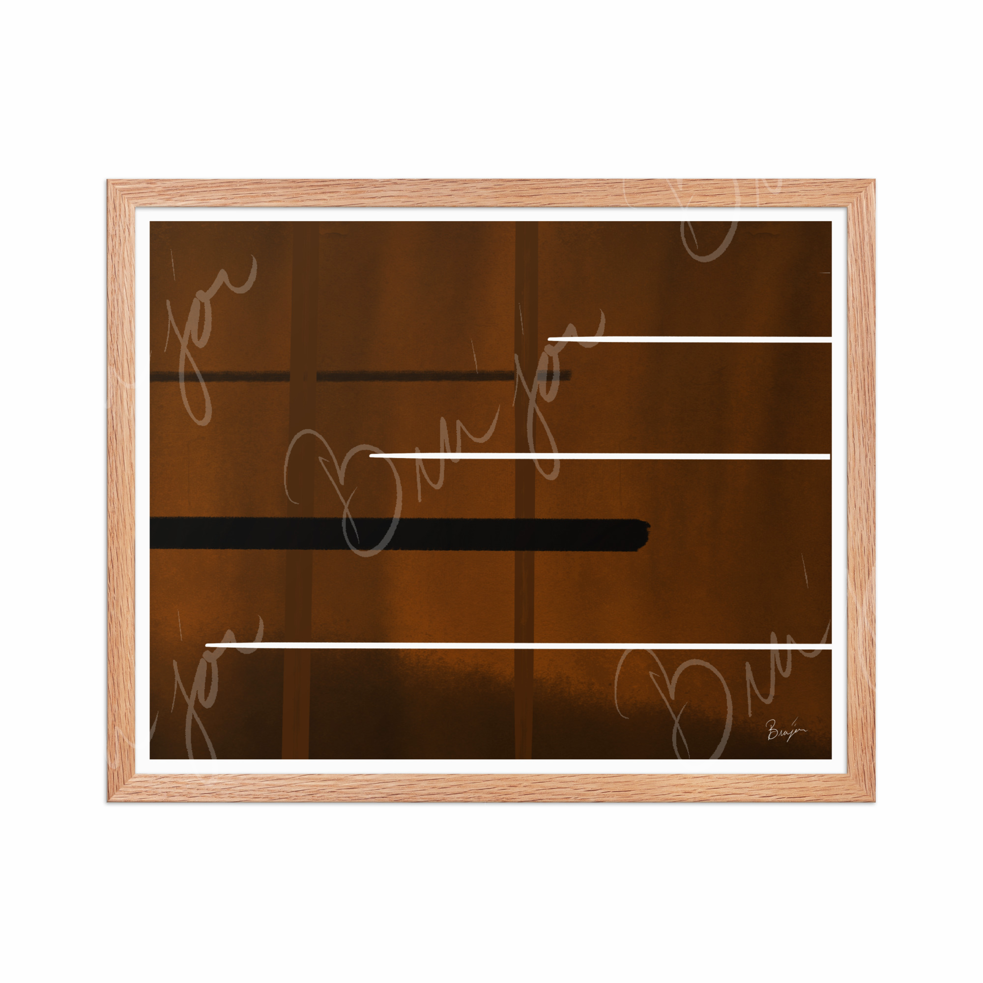 16x20 Red Oak Framed Abstract artwork titled Steps designed by the digital abstract artist Bra'jor. Artwork includes the colors Brown, Black, and White