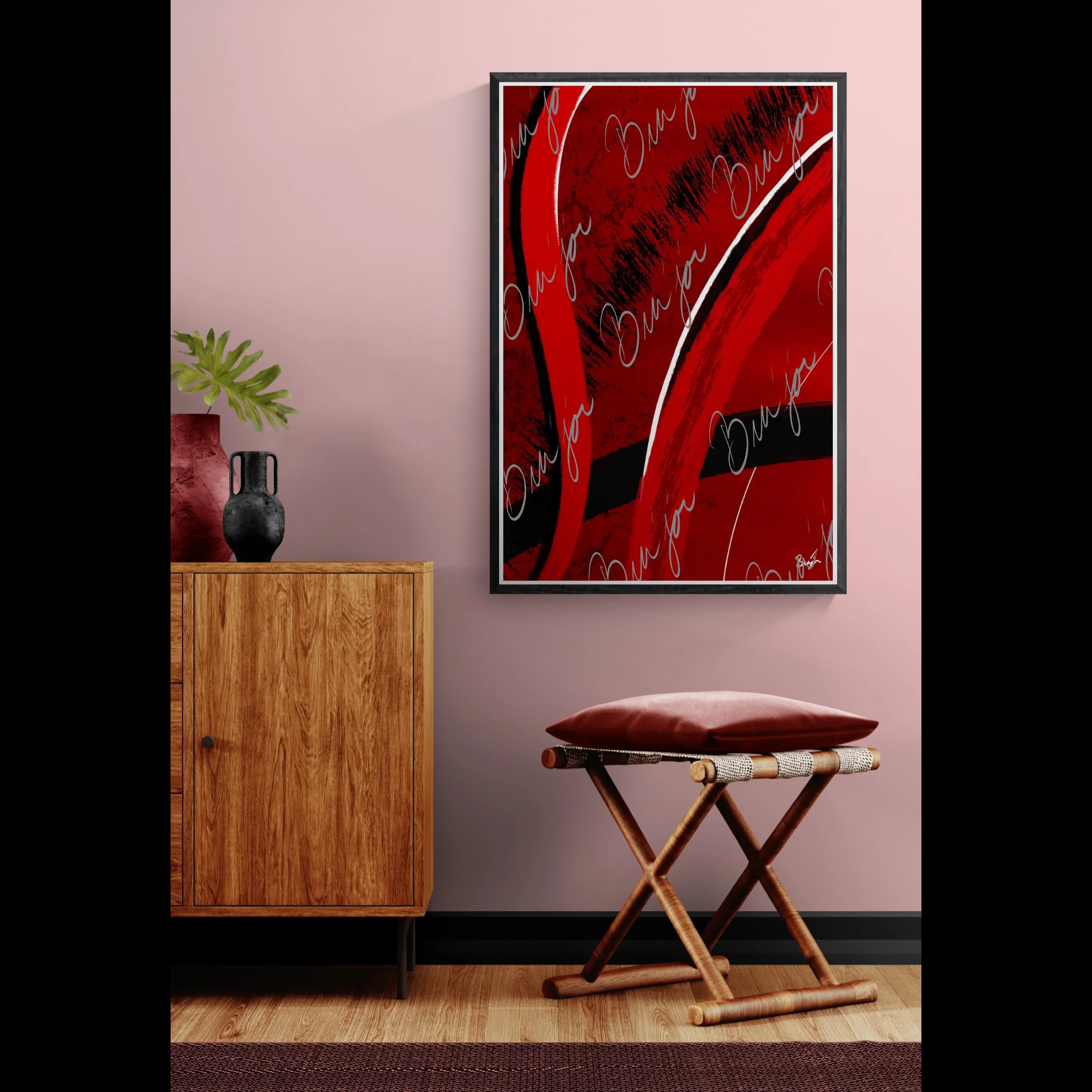 Framed Abstract artwork titled Feel designed by the digital abstract artist Bra'jor. Artwork includes the colors Red, Black, Blue, and White