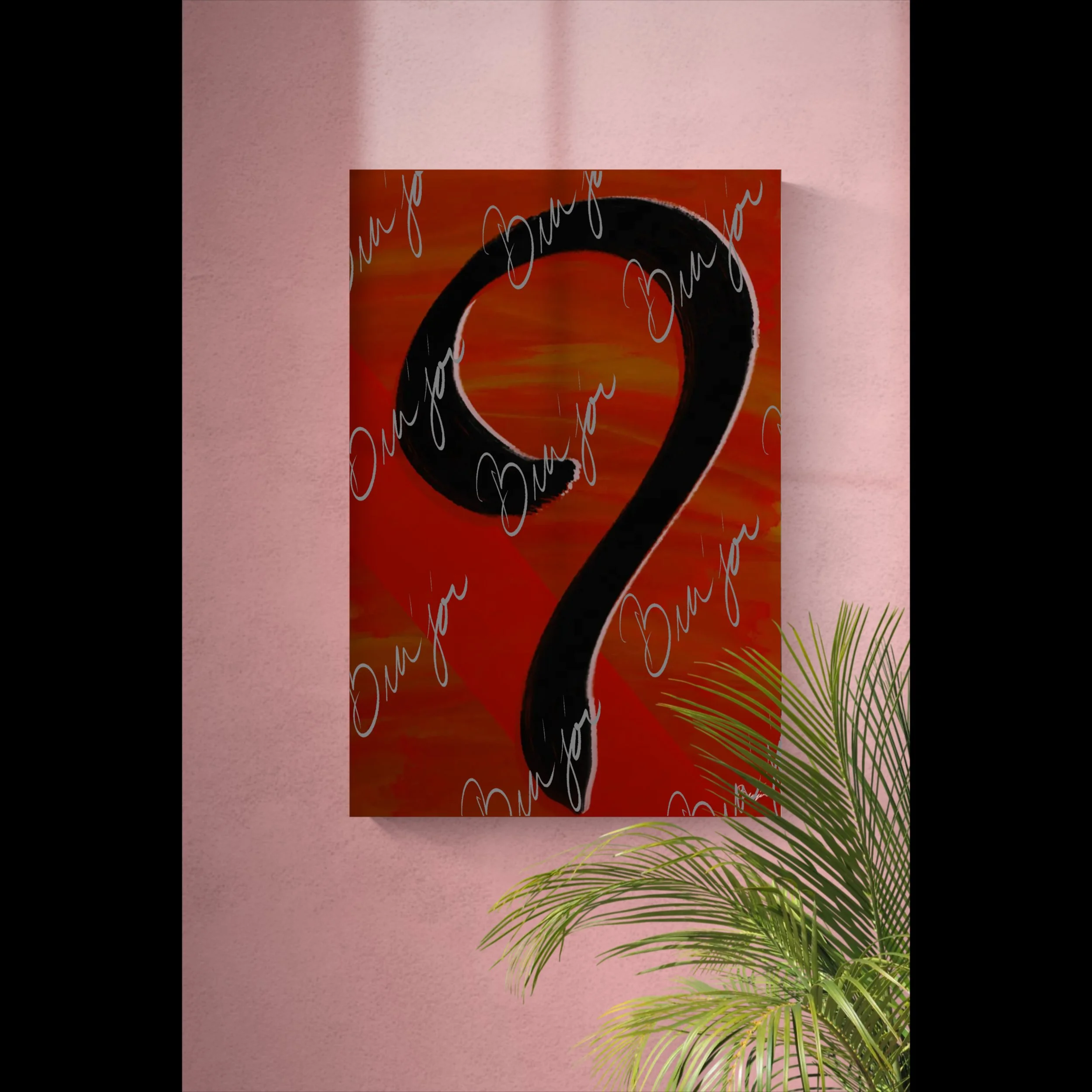 Abstract canvas artwork titled Unanswered designed by the digital abstract artist Bra'jor. Artwork includes the colors Red, Orange, Black, White, Yellow, and Pink