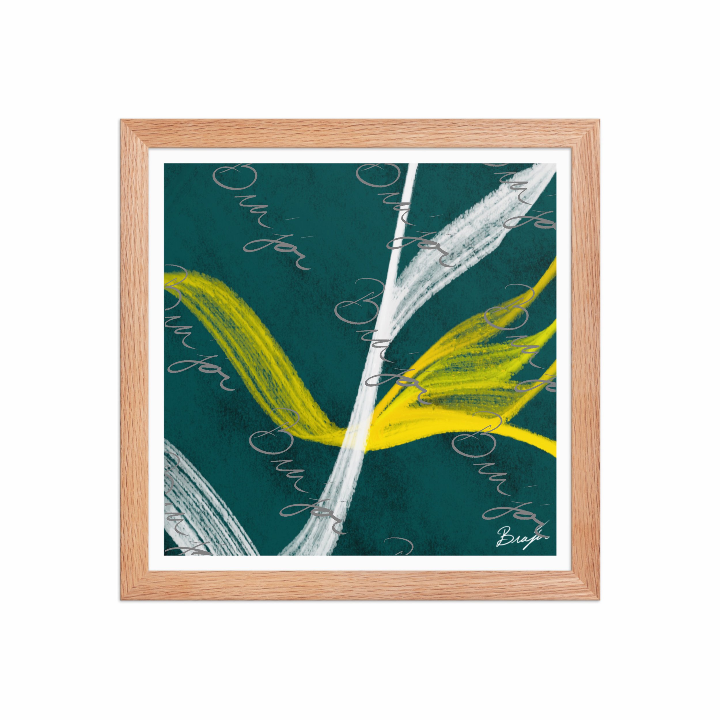 12x12 Red Oak Framed abstract artwork titled Beginnings designed by the digital abstract artist Bra'jor. Artwork includes the colors Yellow, Green, White, and Black