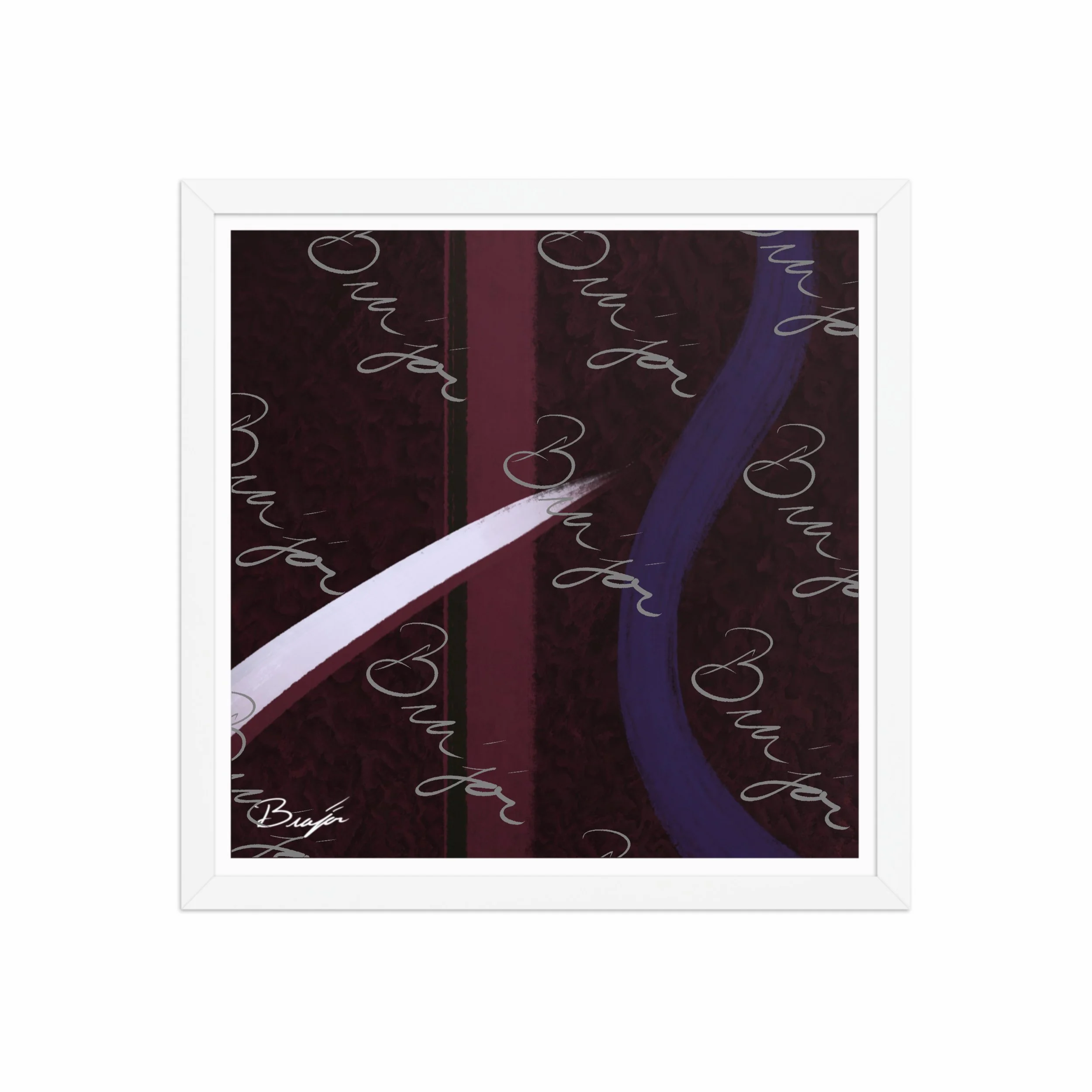 16x16 White Framed abstract artwork titled The Walk designed by the digital abstract artist Bra'jor. Artwork includes the colors Maroon, Black, Purple, and White
