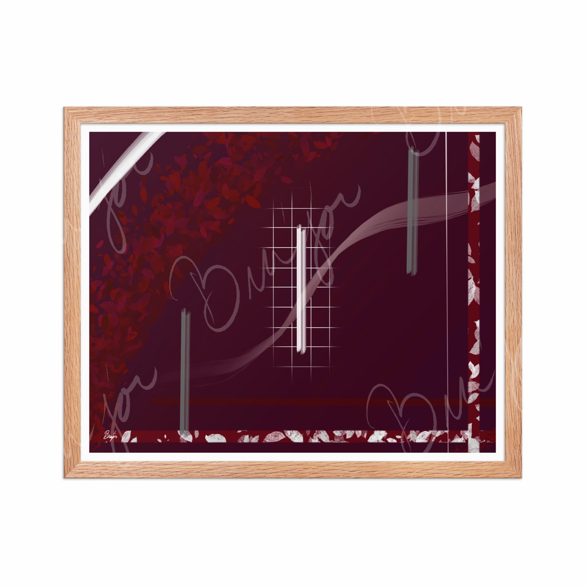 16x20 Red Oak Framed Abstract artwork titled Shine designed by the digital abstract artist Bra'jor. Artwork includes the colors Red, Gray, Maroon, White, and Soft Pink