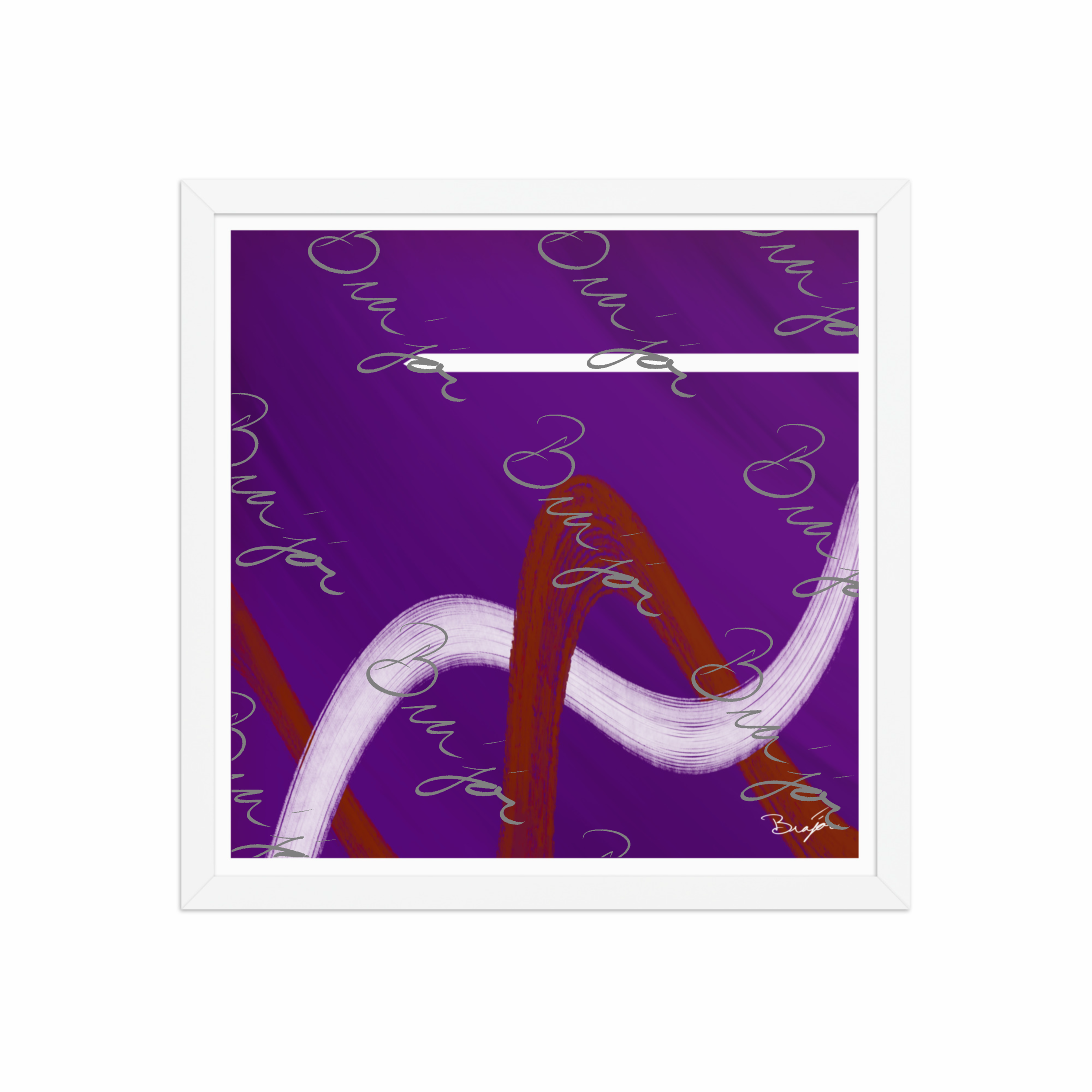 16x16 White Framed abstract artwork titled Quiet designed by the digital abstract artist Bra'jor. Artwork includes the colors Purple, Red, and White