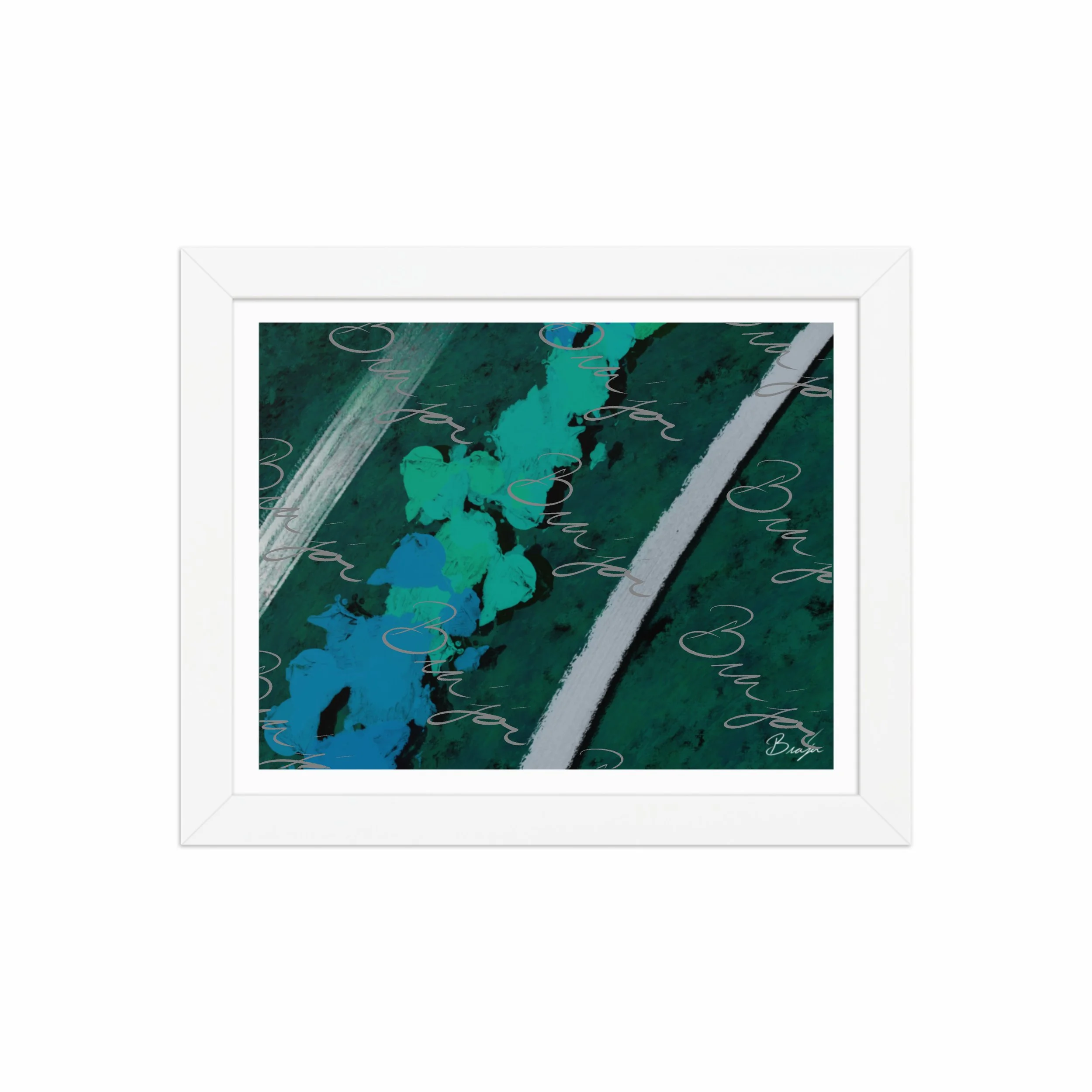 8x10 White Framed abstract artwork titled Breathe designed by the digital abstract artist Bra'jor. Artwork includes the colors Green, Blue, Black, and White