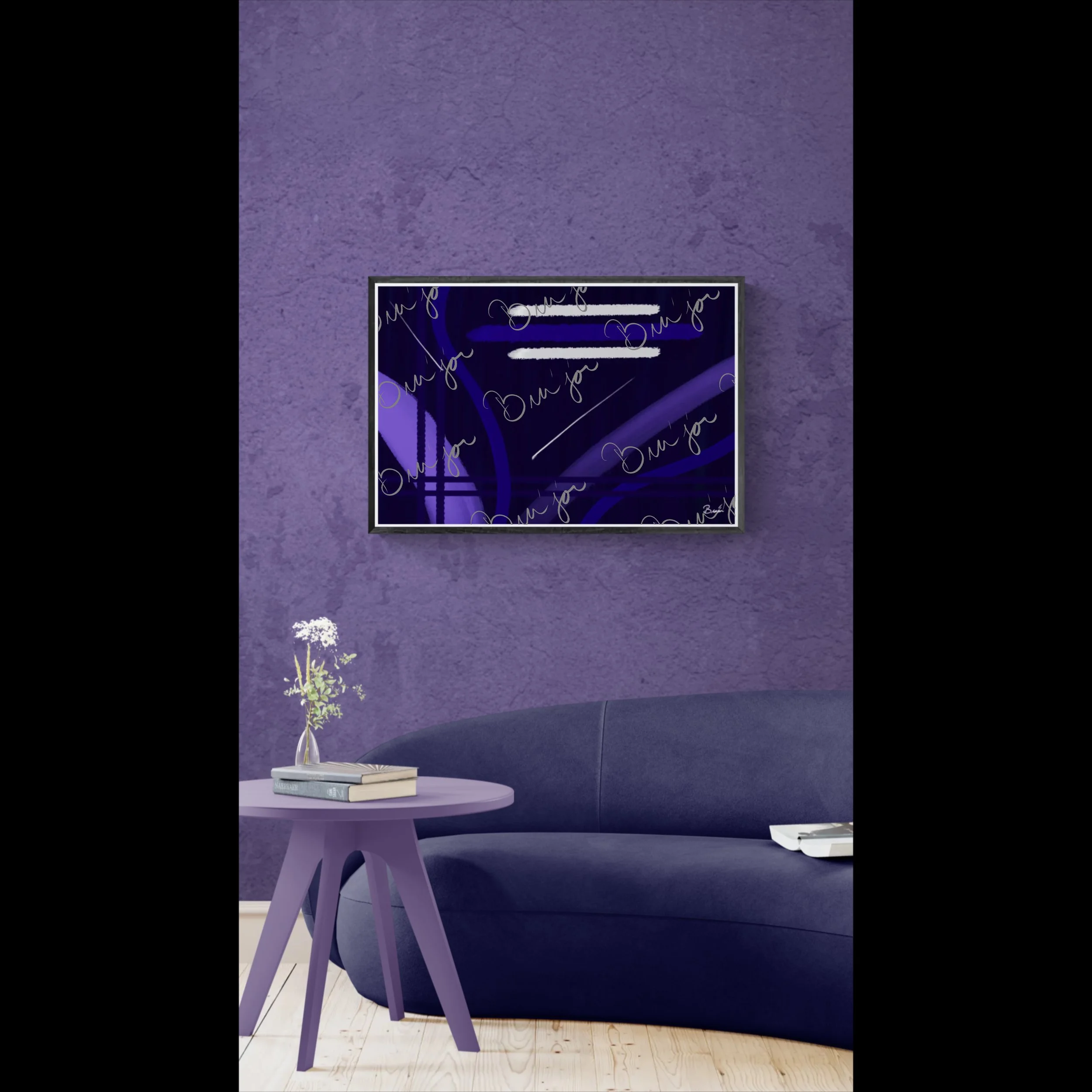Framed Abstract artwork titled Beneath designed by the digital abstract artist Bra'jor. Artwork includes the colors Blue, White, Purple, and Navy