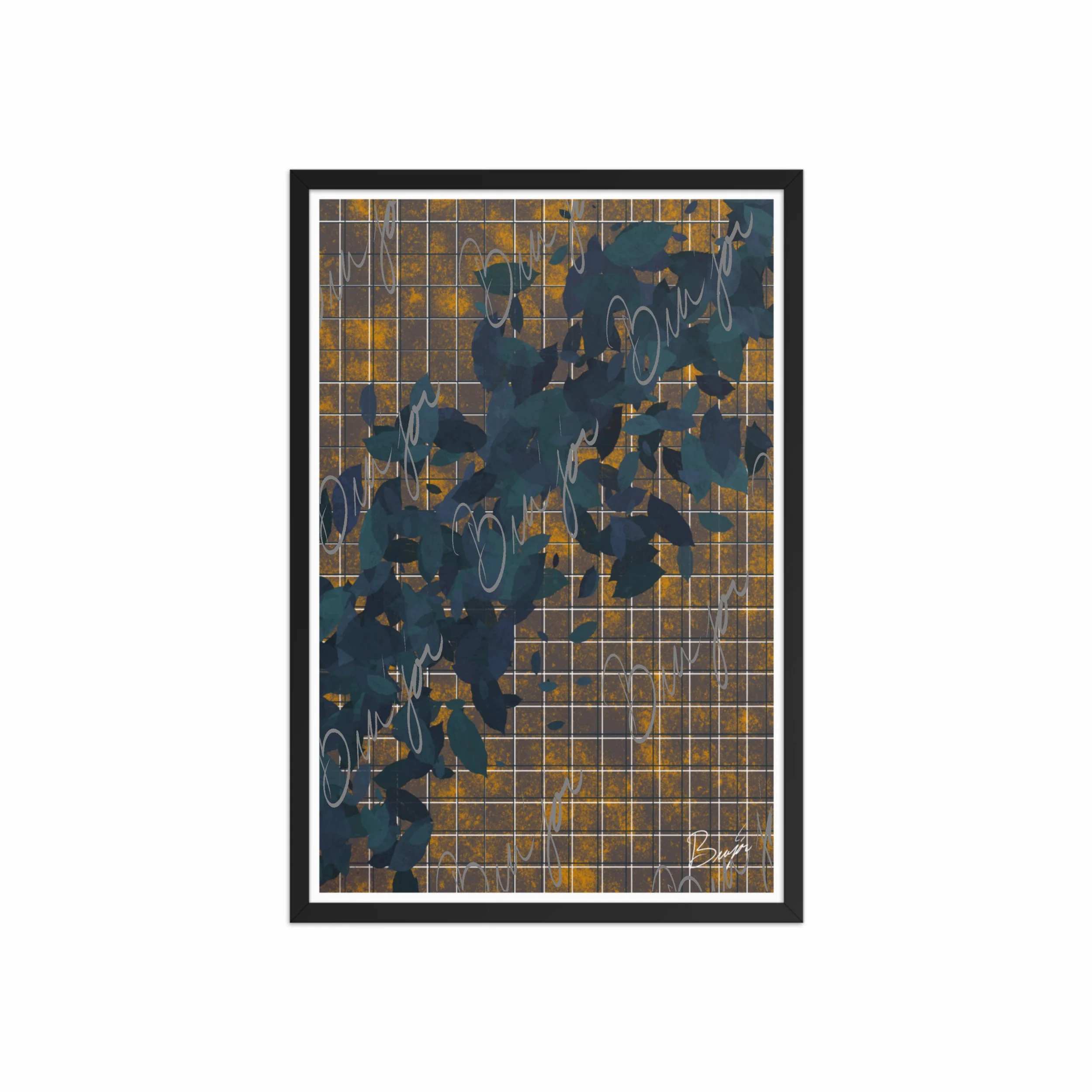 20x30 Black Framed abstract artwork titled Changes designed by the digital abstract artist Bra'jor. Artwork includes the colors Blue in different dark shades, Orange, White, and Black