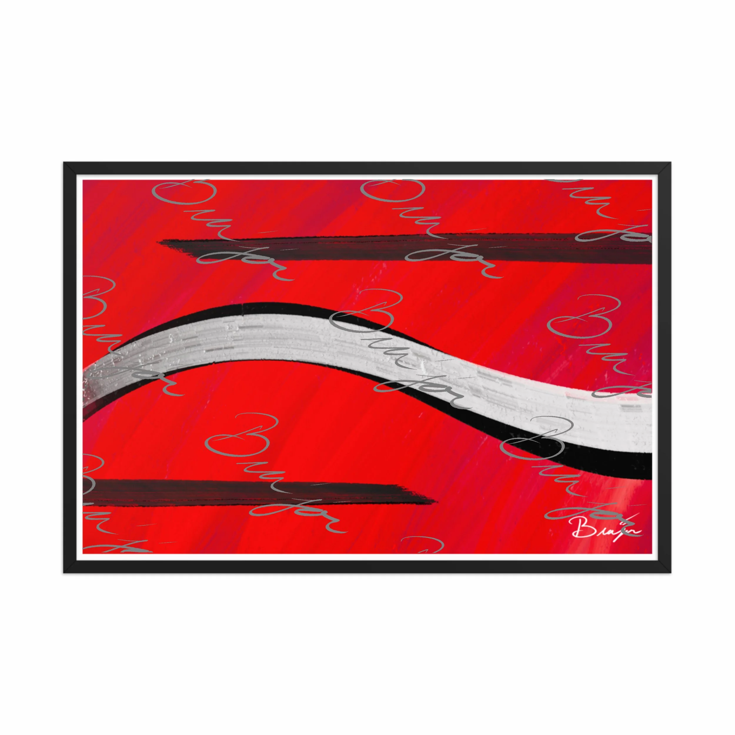 24x36 Black Framed abstract artwork titled Smooth Groove designed by the digital abstract artist Bra'jor. Artwork includes the colors Red, Black, and White
