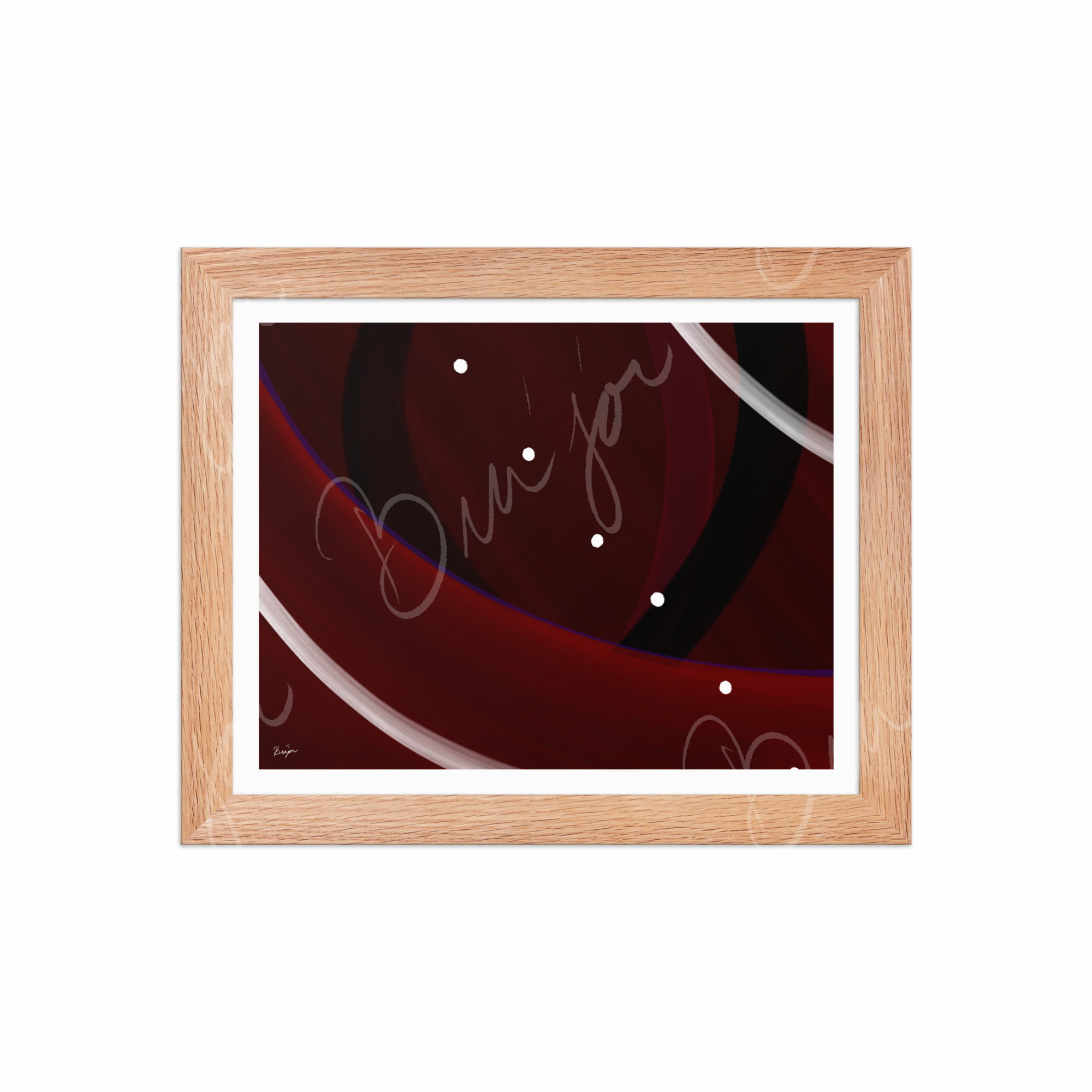 8x10 Red Oak Framed Abstract artwork titled Trail Back designed by the digital abstract artist Bra'jor. Artwork includes the colors Red, Black, Purple, and White