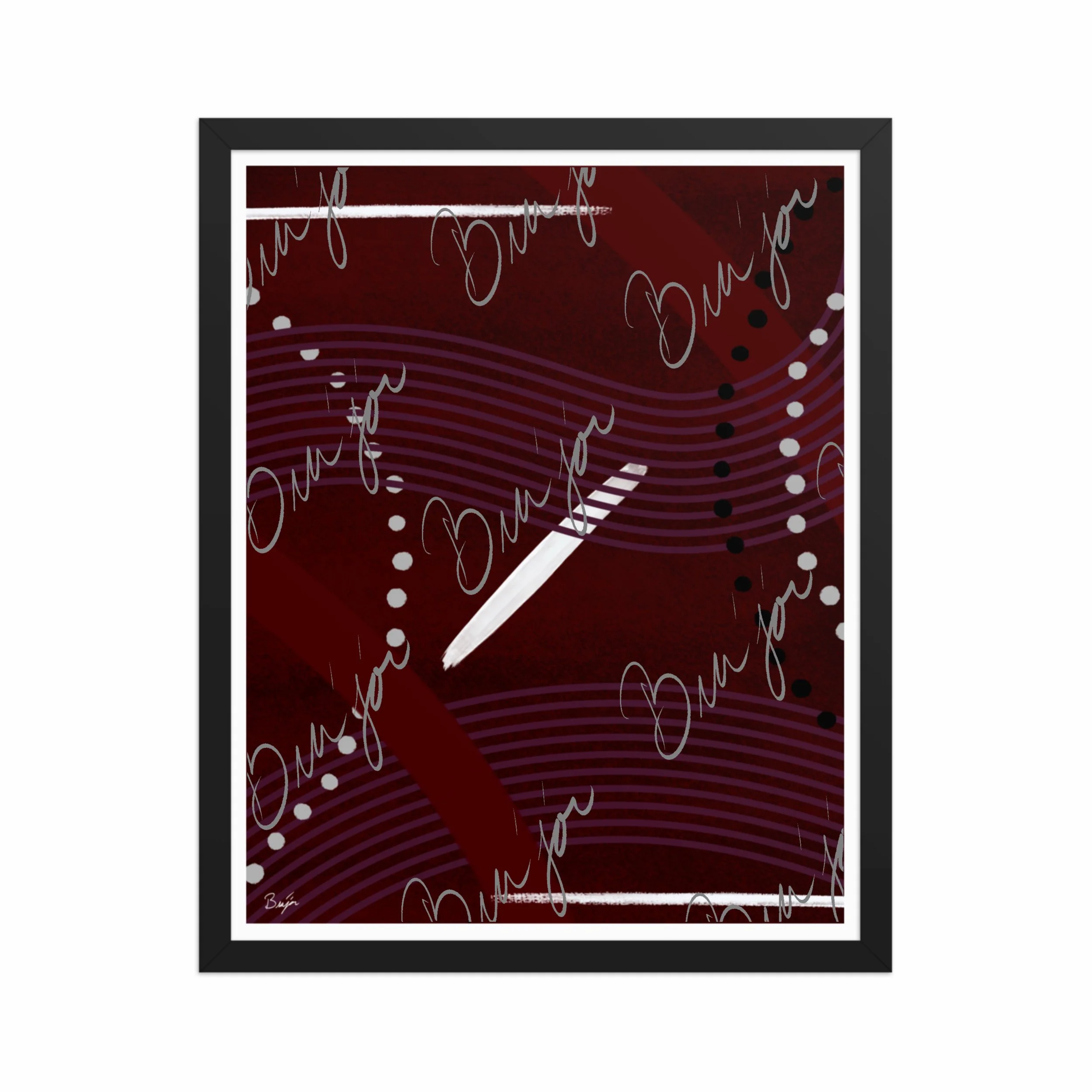 16x20 Black Framed Abstract artwork titled Memories designed by the digital abstract artist Bra'jor. Artwork includes the colors Black, White, Maroon, Purple, and Gray