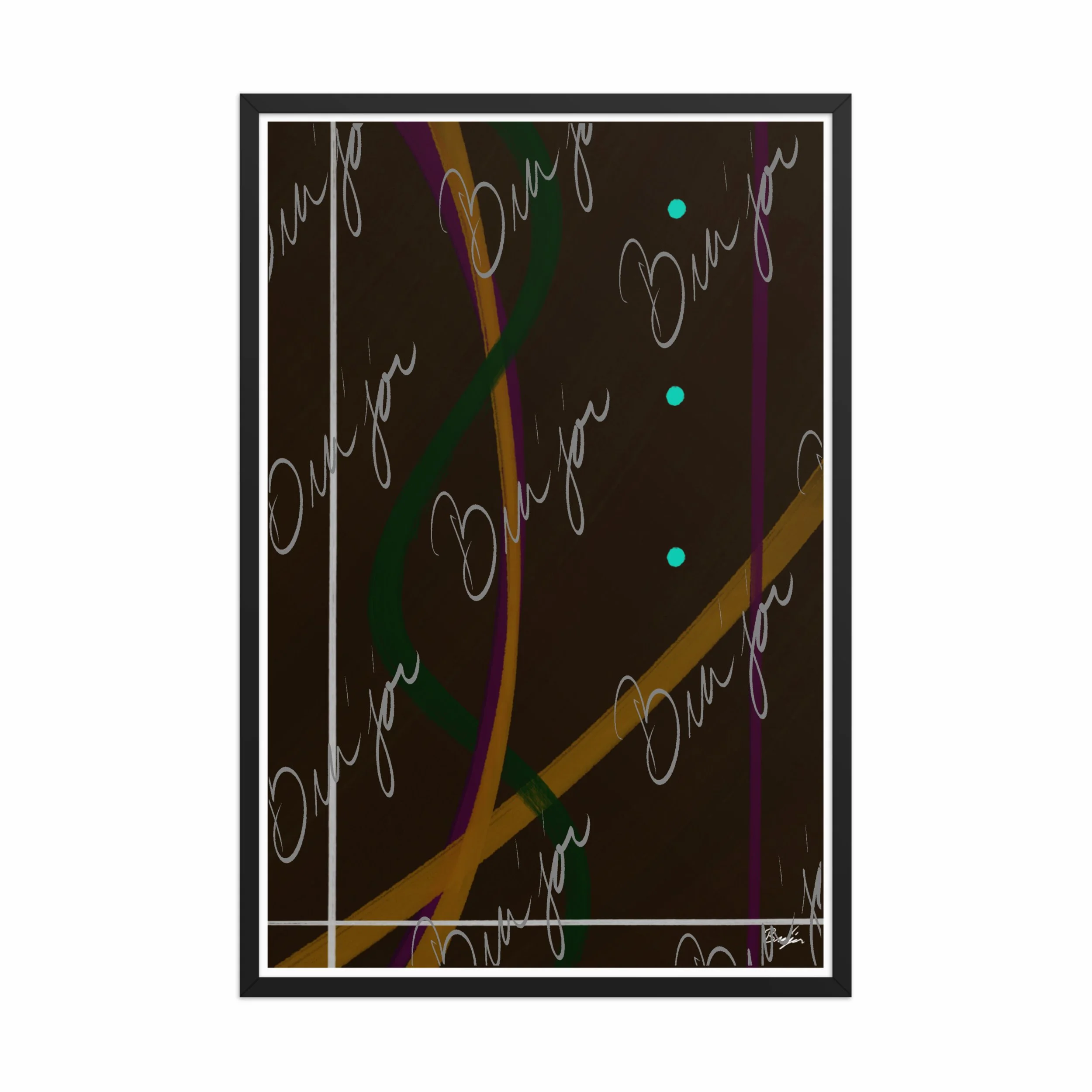 24x36 Black Framed Abstract artwork titled Button Up designed by the digital abstract artist Bra'jor. Artwork includes the colors Orange, Purple, Green, White, and Brown