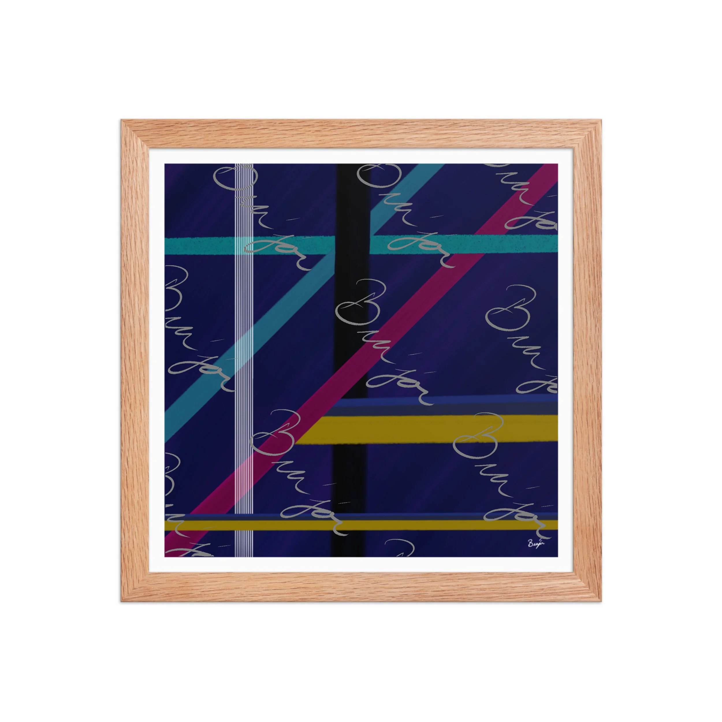 12x12 Red Oak Framed Abstract artwork titled Destinations designed by the digital abstract artist Bra'jor. Artwork includes the colors Black, Blue, Yellow, Pink, and White