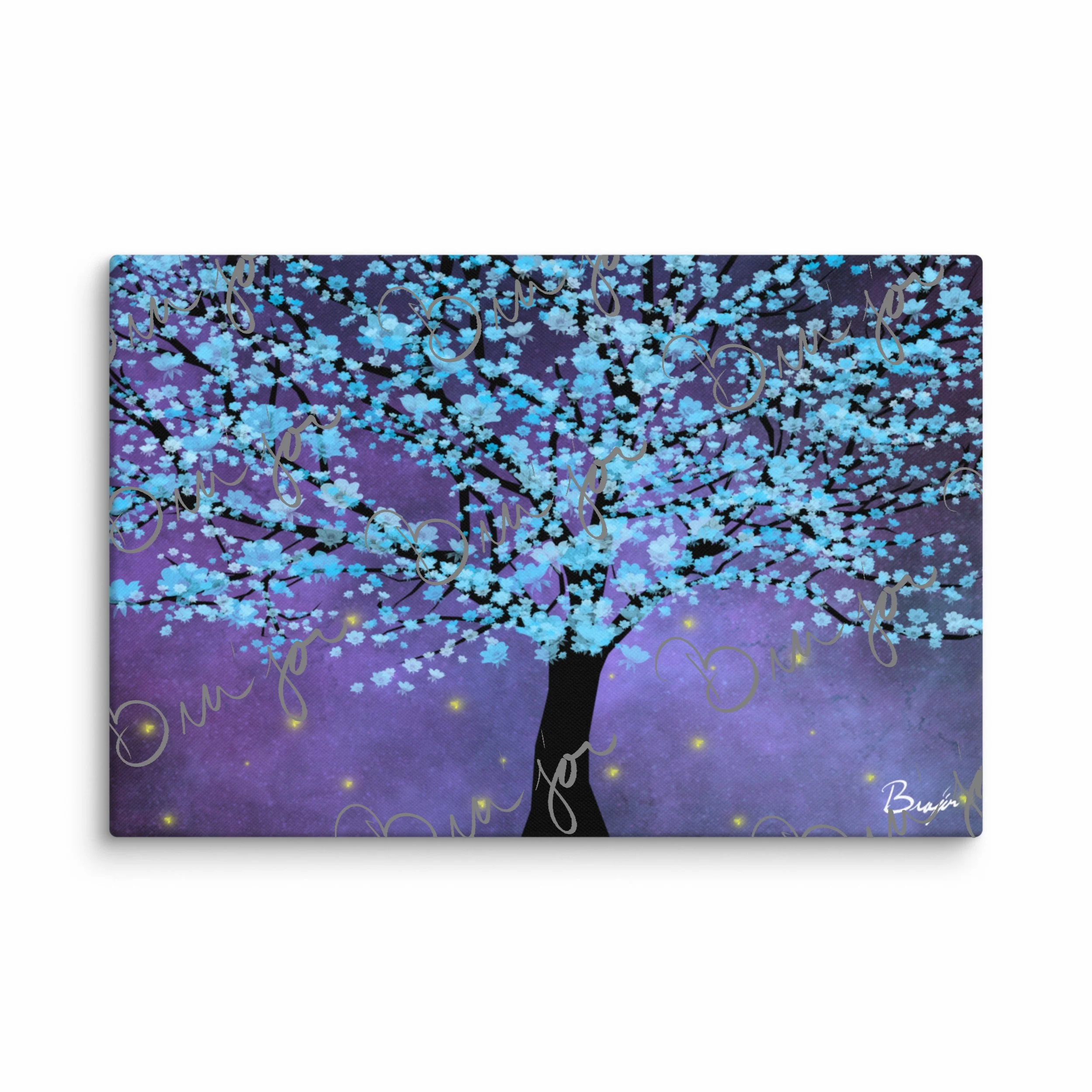 24x36 Abstract canvas artwork titled Midnight Bloom designed by the digital abstract artist Bra'jor. Artwork includes the colors Baby Blue, Blue, Black, Yellow, and White