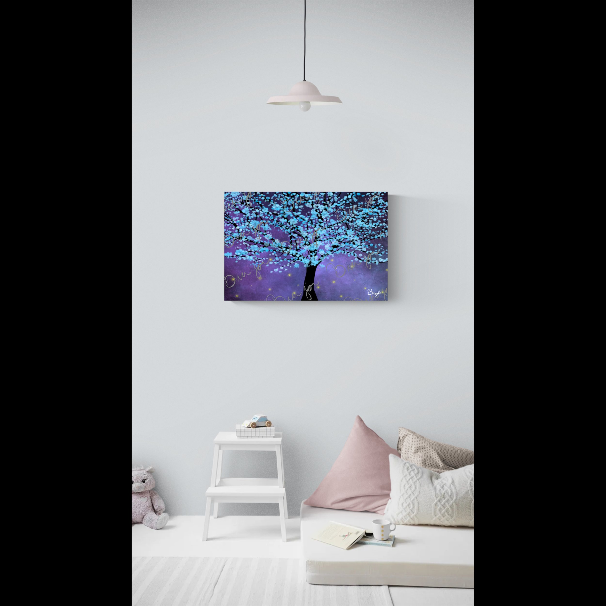 Abstract canvas artwork titled Midnight Bloom designed by the digital abstract artist Bra'jor. Artwork includes the colors Baby Blue, Blue, Black, Yellow, and White