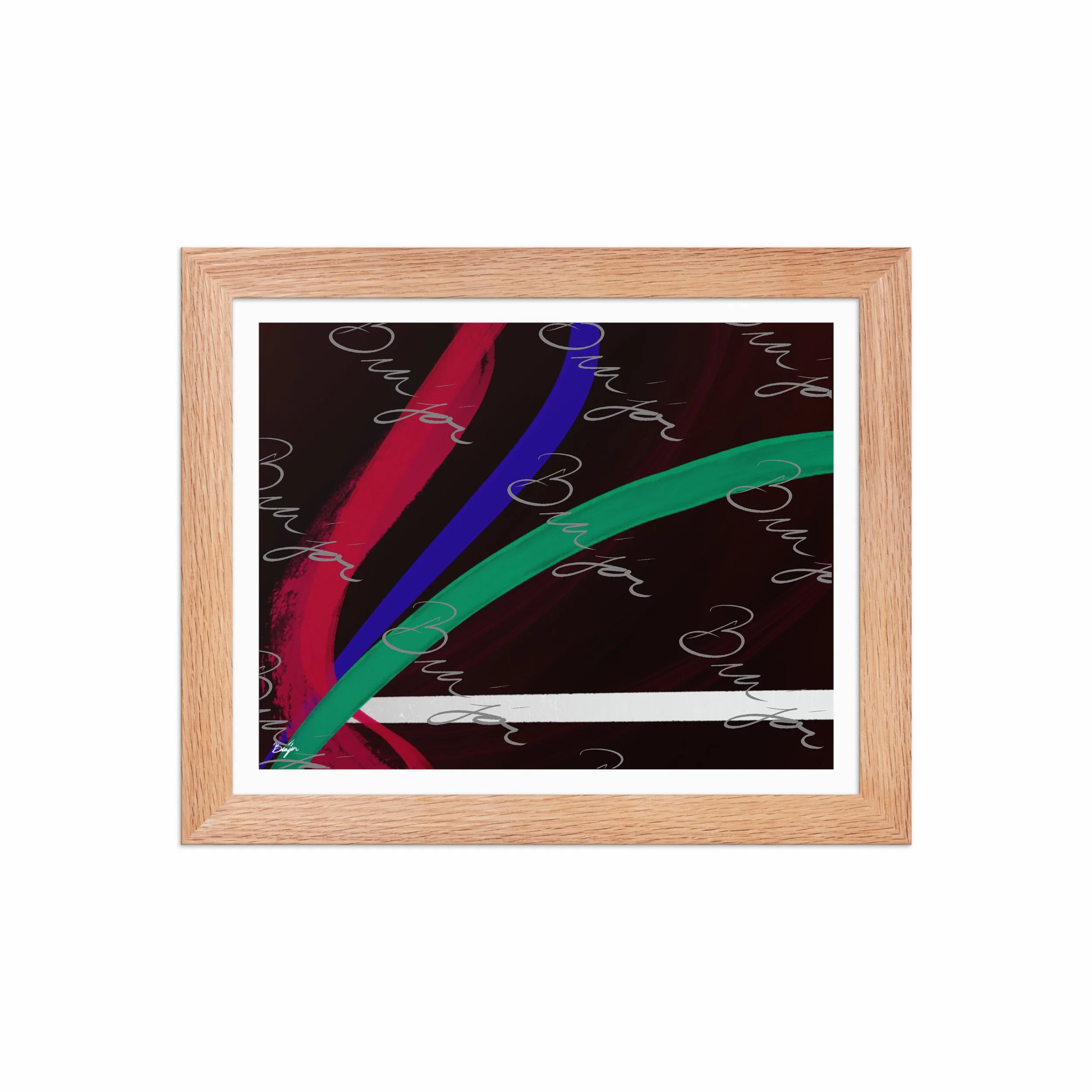 8x10 Red Oak Framed Abstract artwork titled Journey designed by the digital abstract artist Bra'jor. Artwork includes the colors Red, White, Green, and Blue