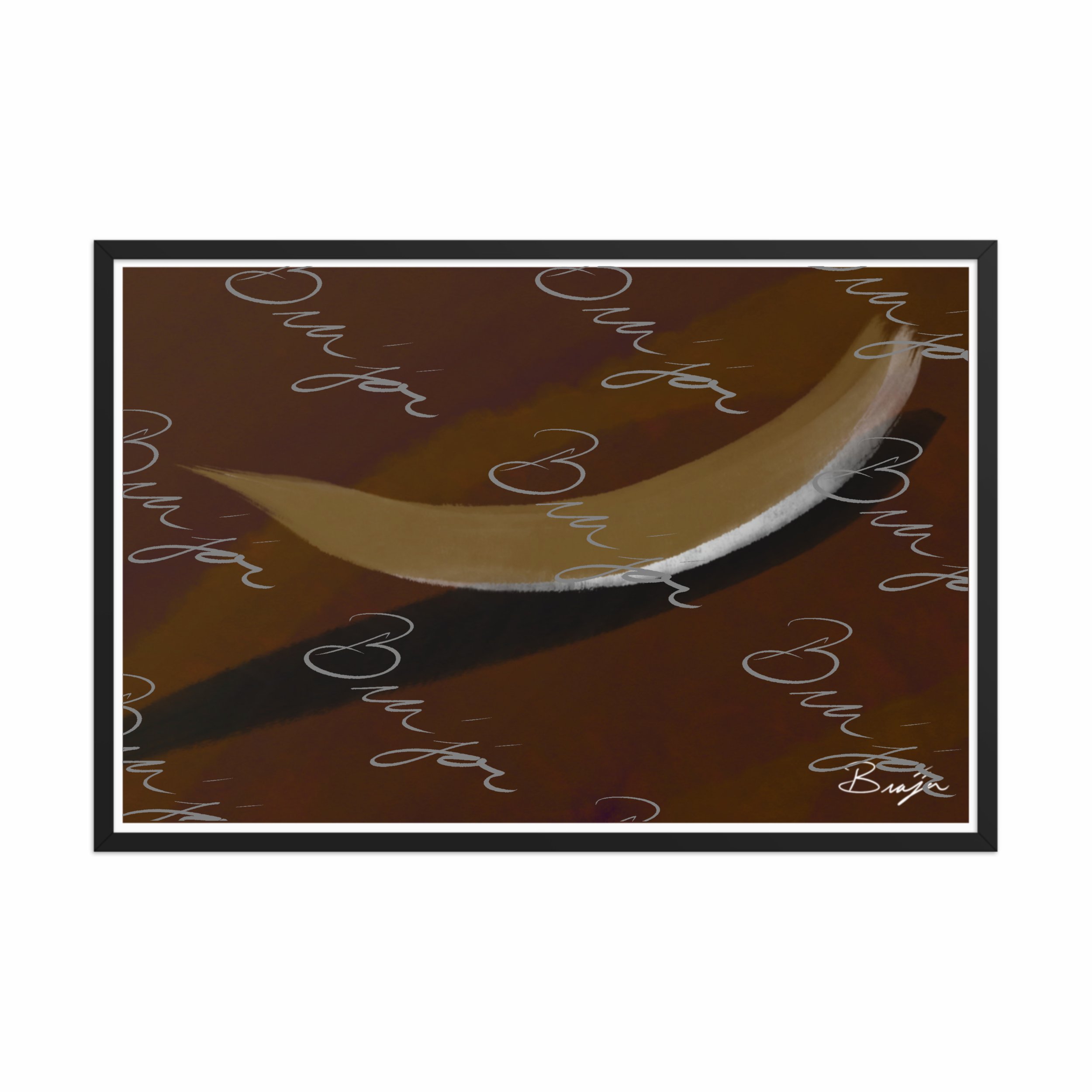 24x36 Black Framed abstract artwork titled Always There designed by the digital abstract artist Bra'jor. Artwork includes the colors Brown, Tan, White, and Black with a Purple undertone