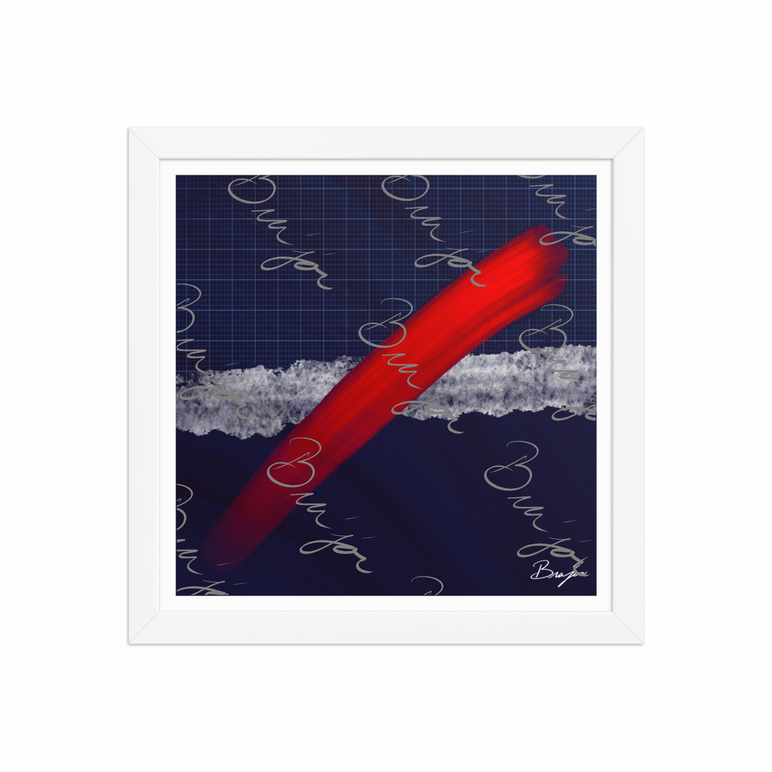 12x12 White Framed abstract artwork titled Strike designed by the digital abstract artist Bra'jor. Artwork includes the colors Red, Blue, white, and Gray