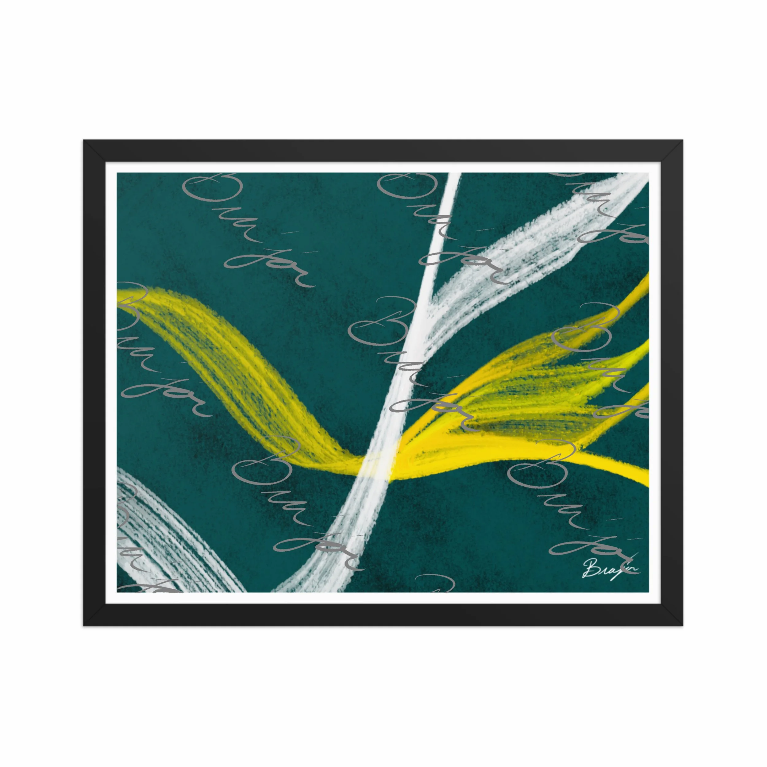 16x20 Black Framed abstract artwork titled Beginnings designed by the digital abstract artist Bra'jor. Artwork includes the colors Yellow, Green, White, and Black