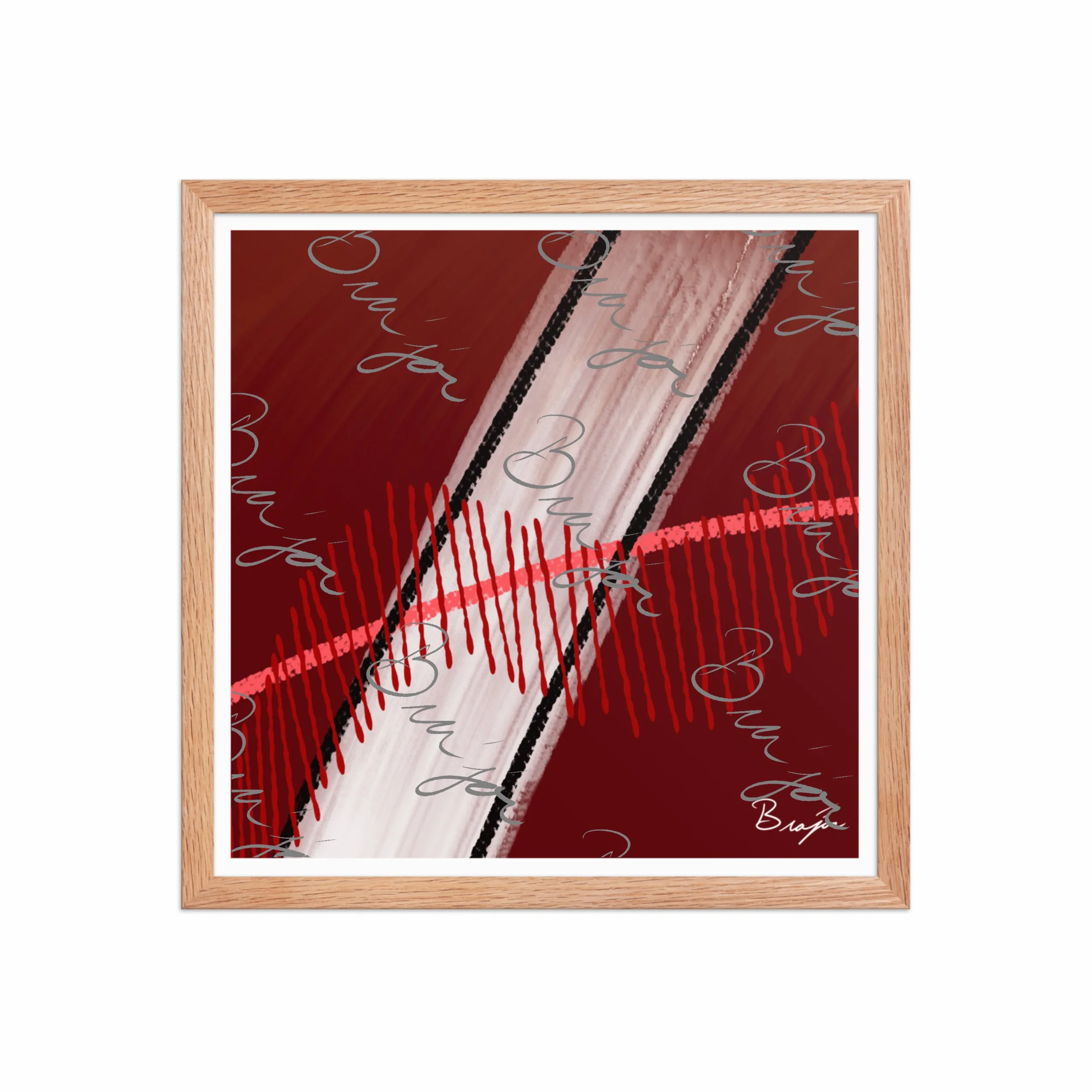 16x16 Red Oak Framed abstract artwork titled Confined designed by the digital abstract artist Bra'jor. Artwork includes the colors Red, Pink, Black, Maroon, and White