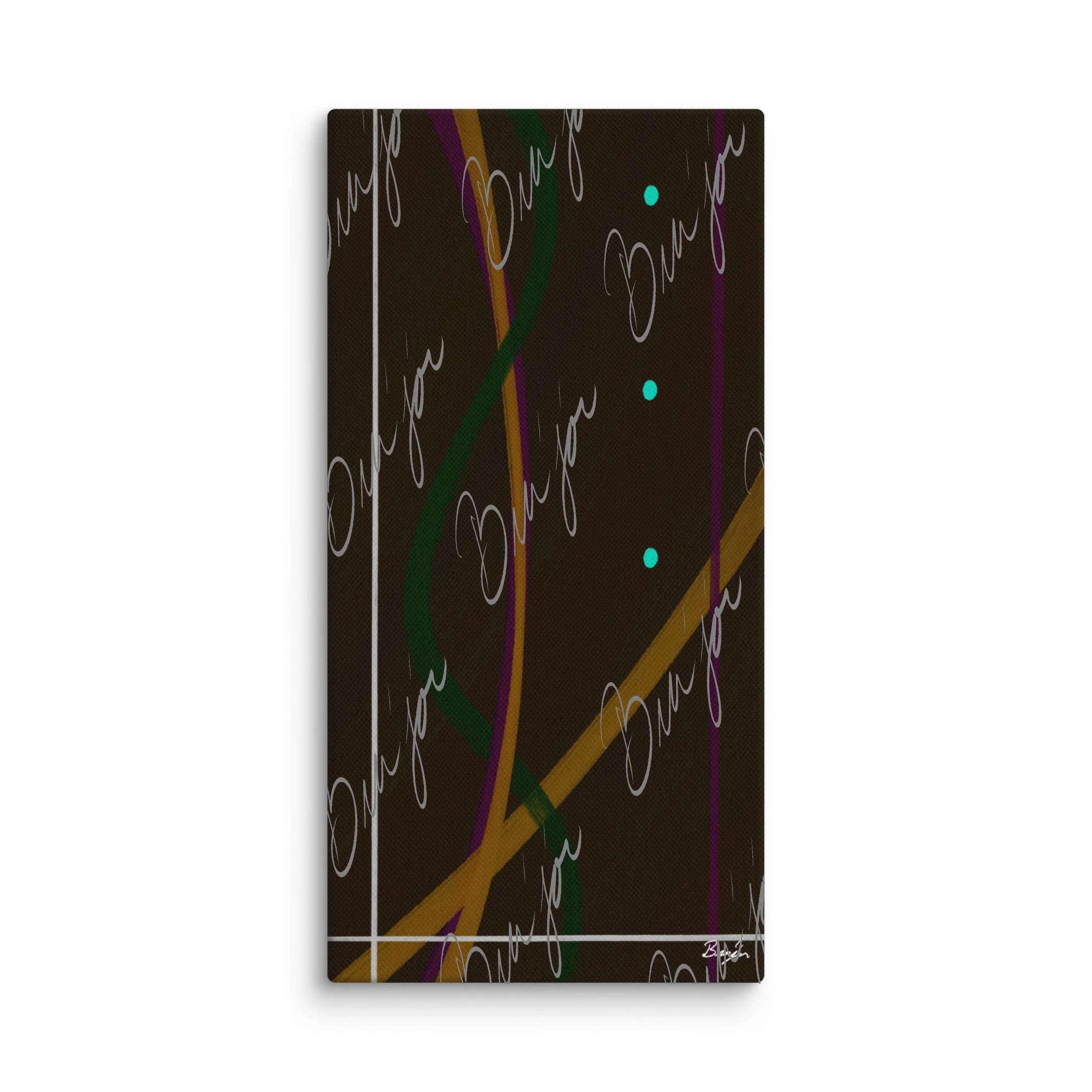 10x20 Canvas Abstract artwork titled Button Up designed by the digital abstract artist Bra'jor. Artwork includes the colors Orange, Purple, Green, White, and Brown