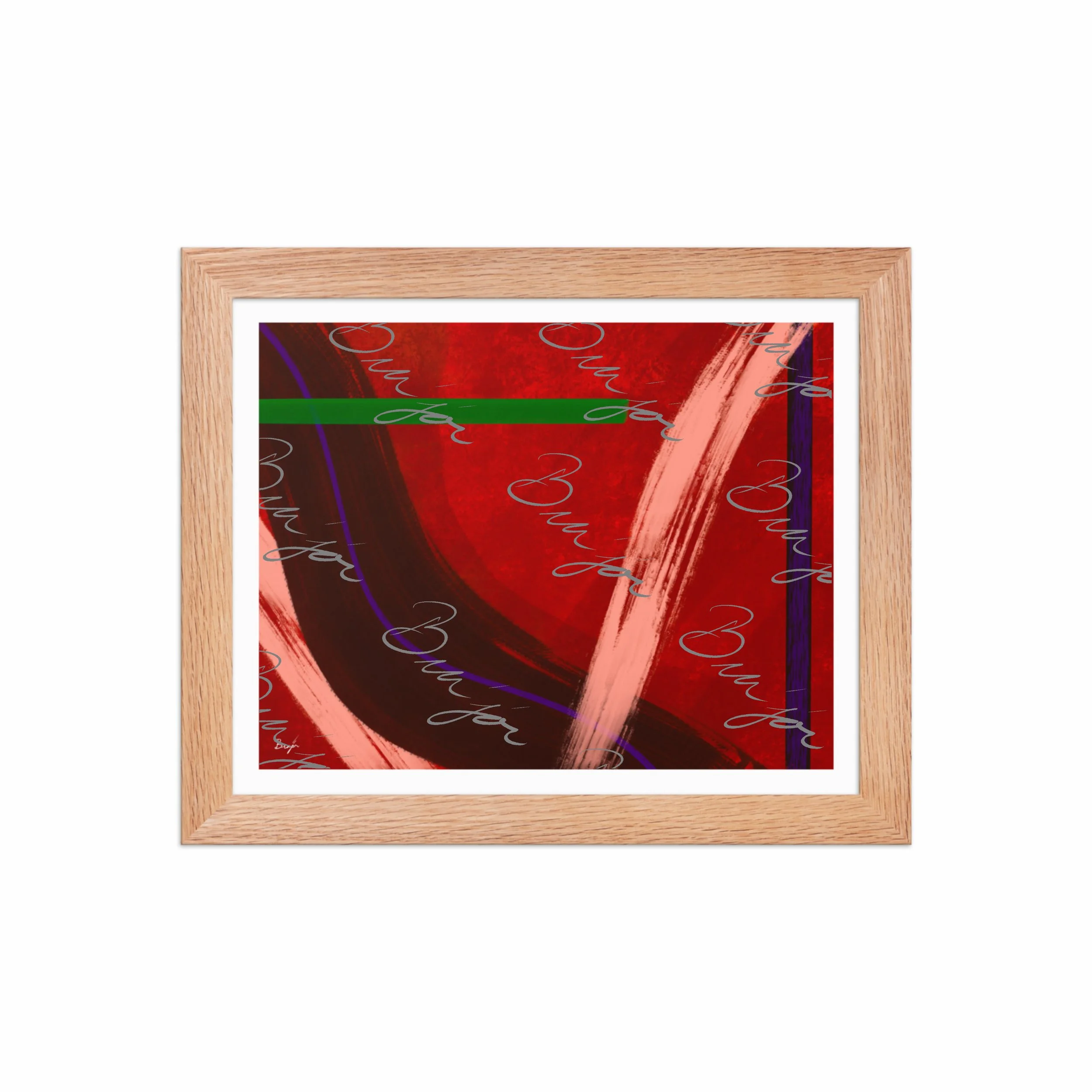8x10 Red Oak Framed abstract artwork titled Feelings designed by the digital abstract artist Bra'jor. Artwork includes the colors Red, Orange, Purple, and Green