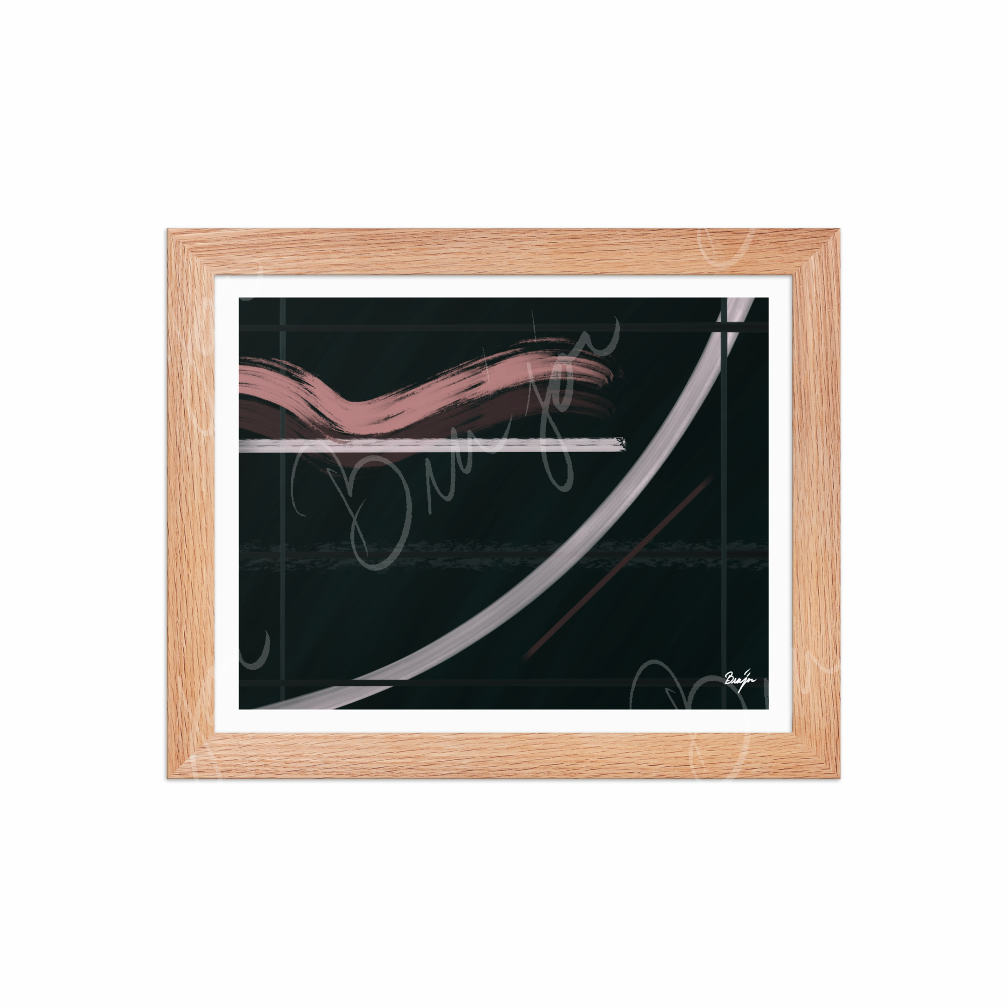 8x10 Red Oak Framed Abstract artwork titled Together designed by the digital abstract artist Bra'jor. Artwork includes the colors Brown, Pink, Green, and White