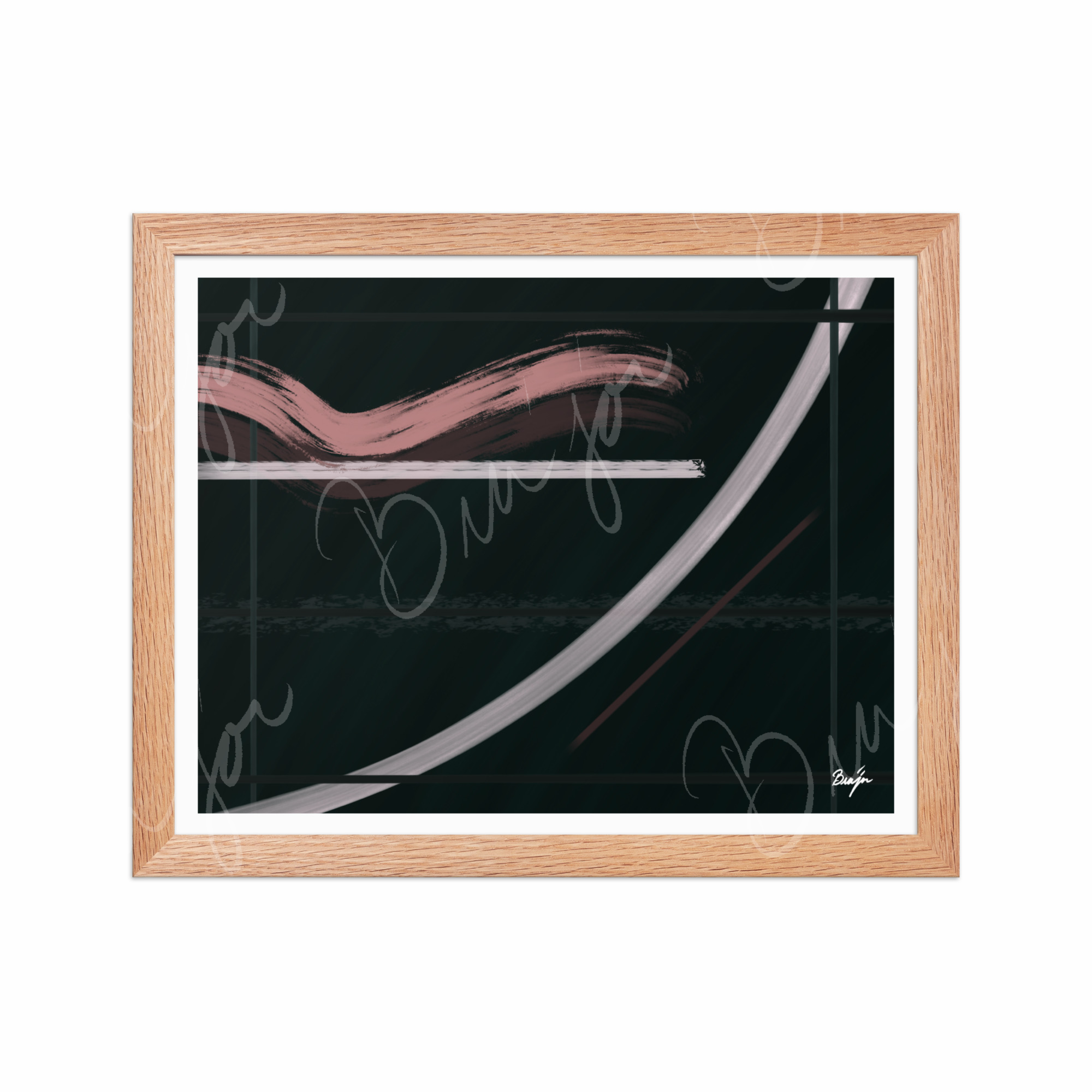 11x14 Red Oak Framed Abstract artwork titled Together designed by the digital abstract artist Bra'jor. Artwork includes the colors Brown, Pink, Green, and White