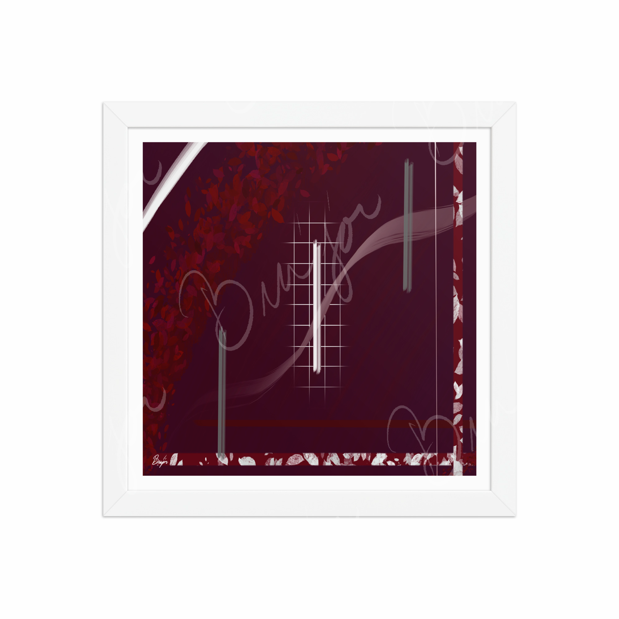 12x12 White Framed Abstract artwork titled Shine designed by the digital abstract artist Bra'jor. Artwork includes the colors Red, Gray, Maroon, White, and Soft Pink