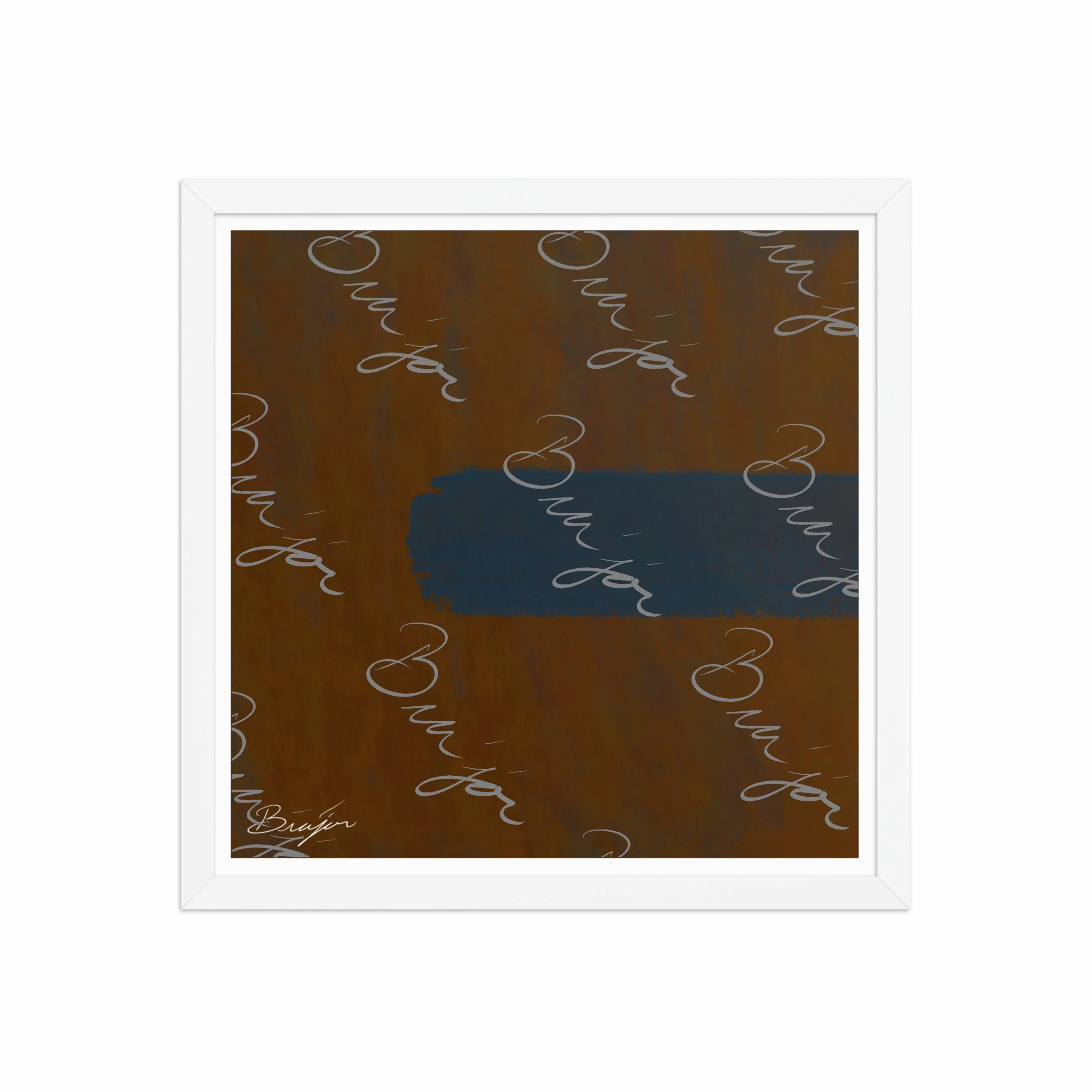 16x16 White Framed Abstract artwork titled Distraction designed by the digital abstract artist Bra'jor. Artwork includes the colors Brown, Blue, and Orange