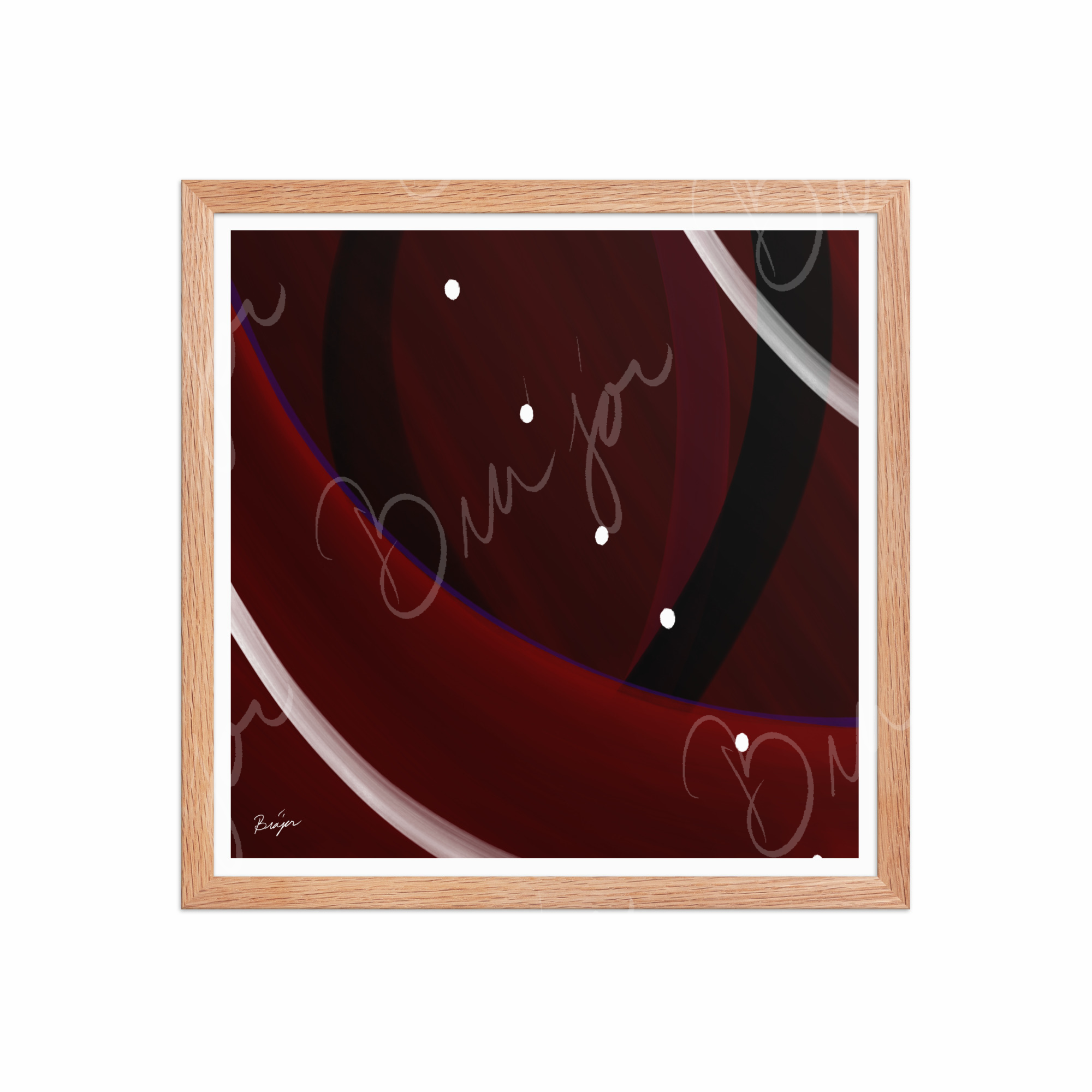 16x16 Red Oak Framed Abstract artwork titled Trail Back designed by the digital abstract artist Bra'jor. Artwork includes the colors Red, Black, Purple, and White