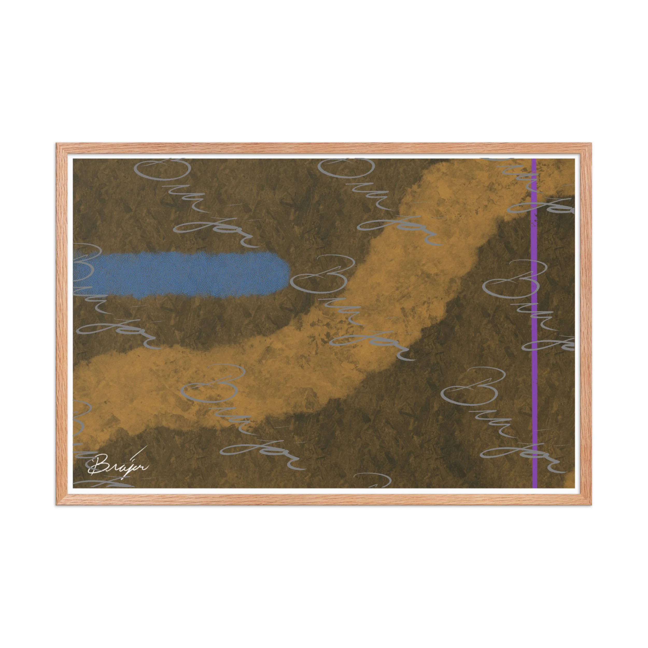 24x36 Red Oak Framed abstract artwork titled Gentle designed by the digital abstract artist Bra'jor. Artwork includes the colors Blue, Brown, Tan, Dark Green, and Purple