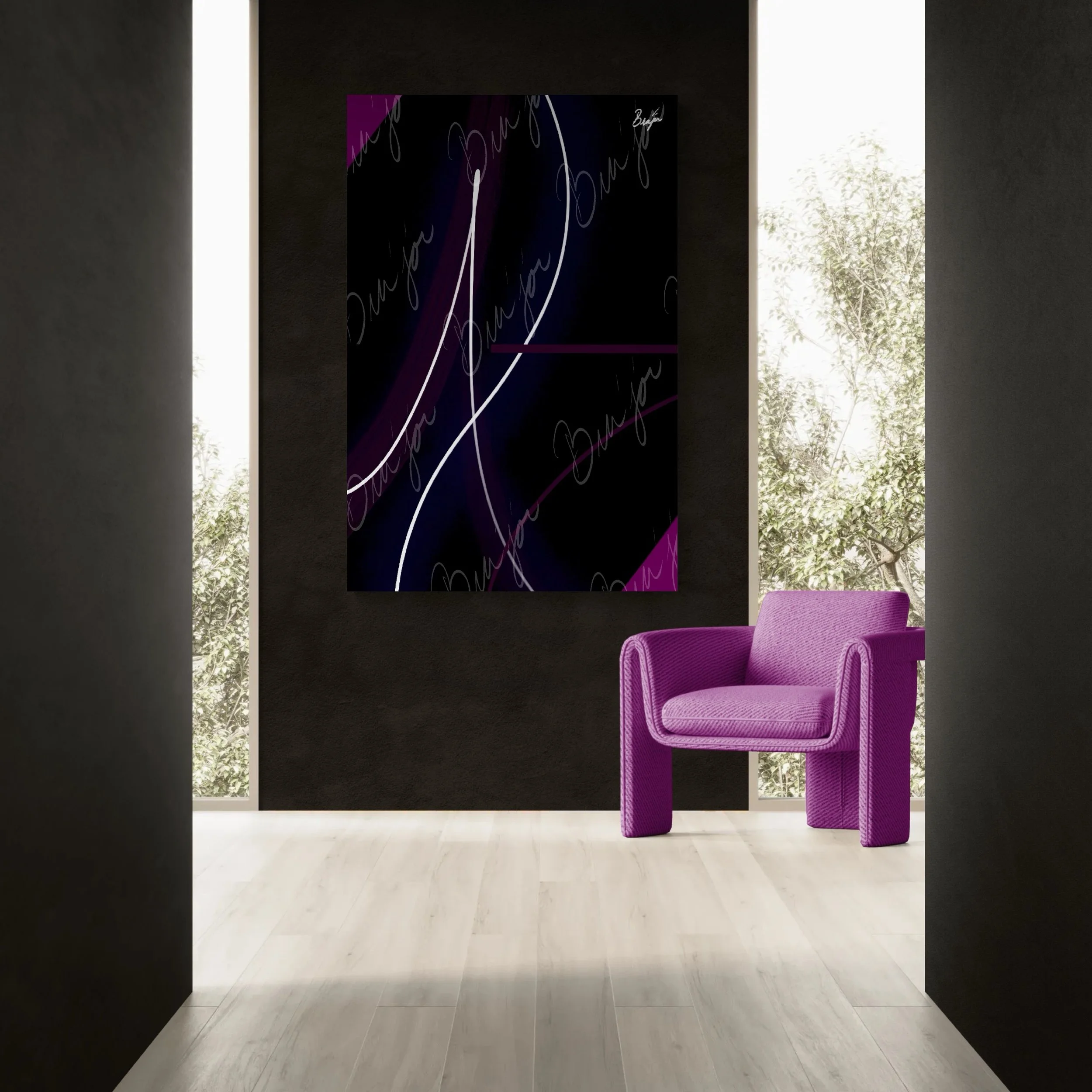 XL Canvas Abstract artwork titled Poised designed by the digital abstract artist Bra'jor. Artwork includes the colors Purple, Pink, Blue, and White