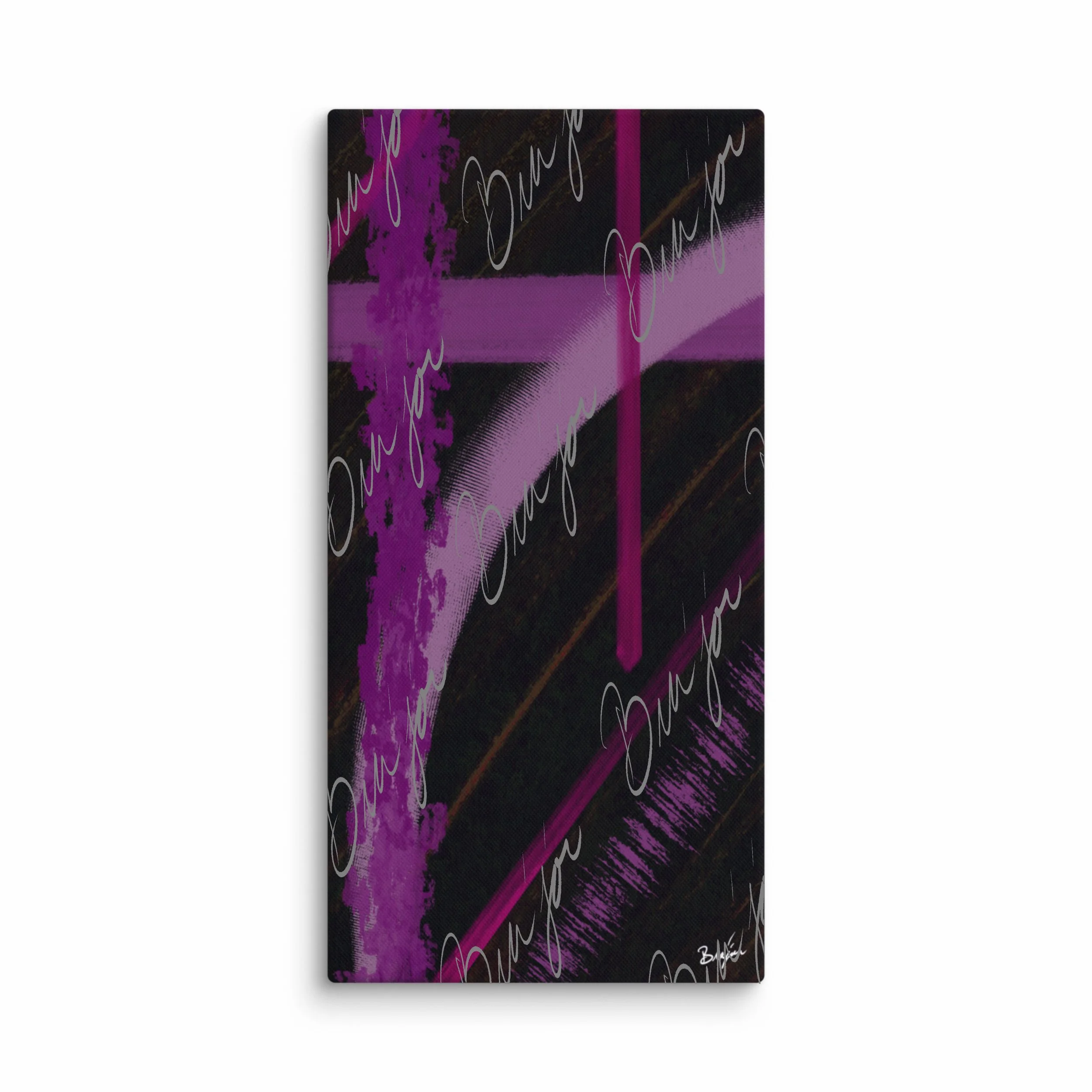 30x60 XL abstract canvas artwork titled Be Soft designed by the digital abstract artist Bra'jor. Artwork includes the colors Purple, Lavender, Pink, Orange, and Black