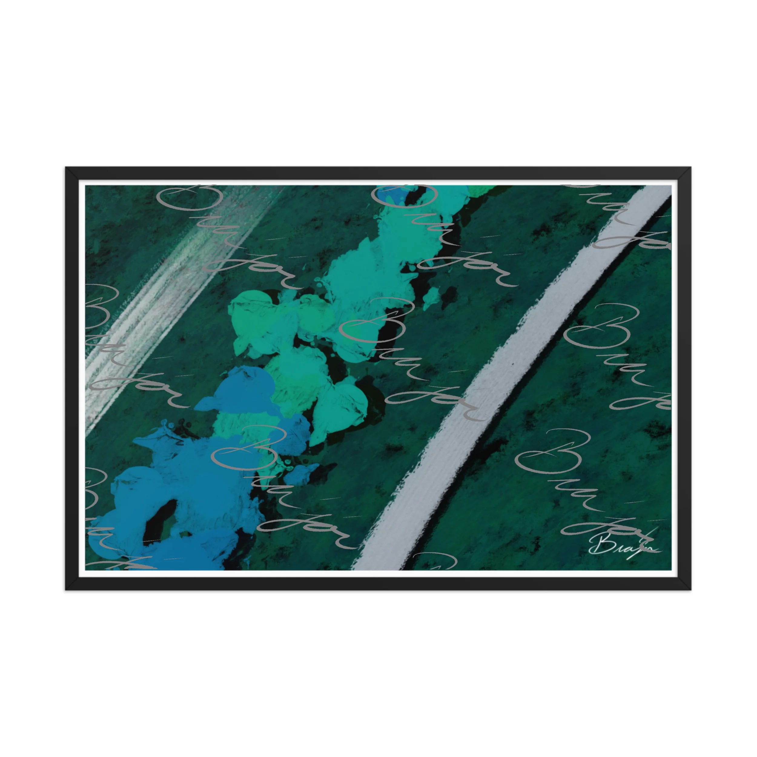 24x36 Black Framed abstract artwork titled Breathe designed by the digital abstract artist Bra'jor. Artwork includes the colors Green, Blue, Black, and White