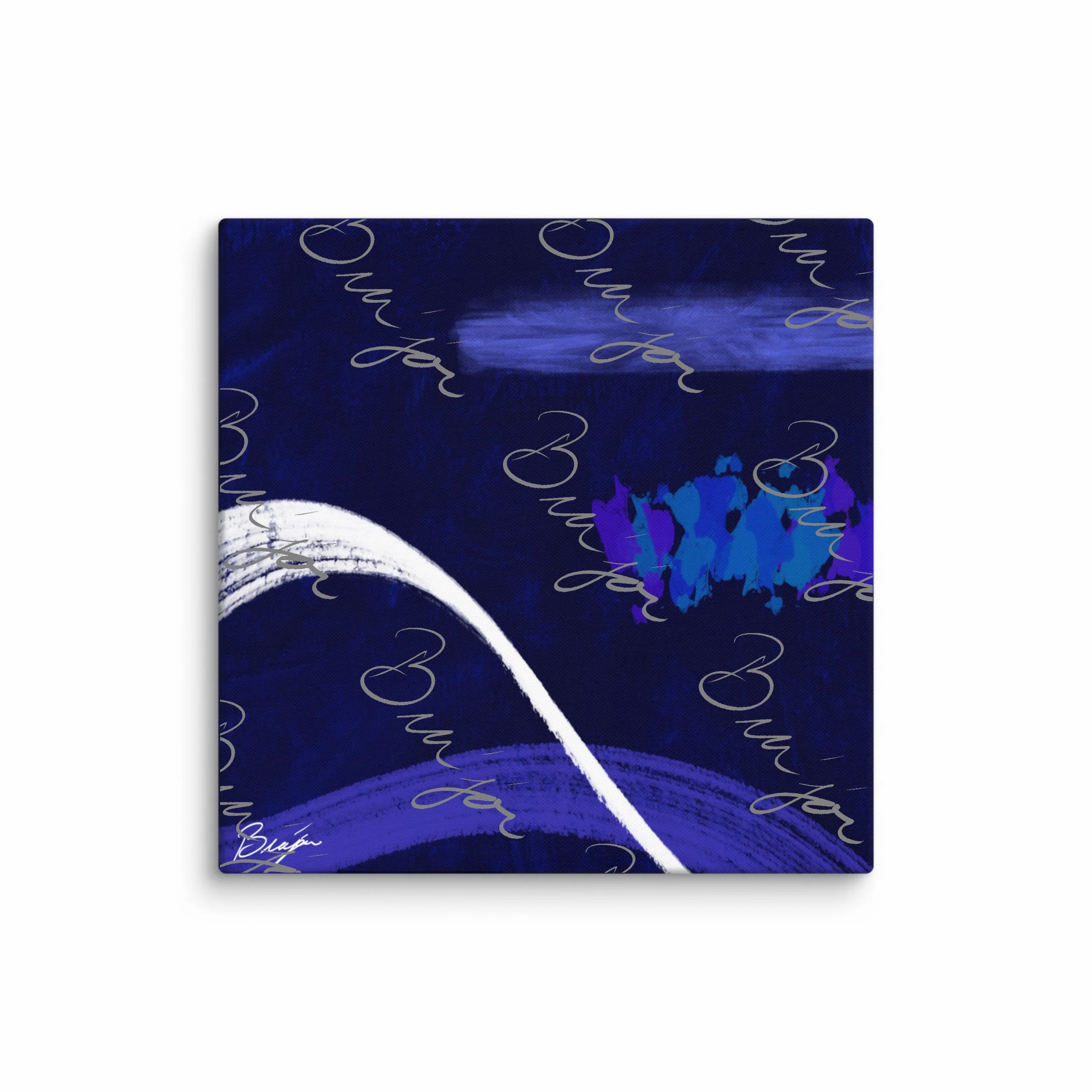 37x37 XL Canvas Abstract artwork titled Still Waters designed by the digital abstract artist Bra'jor. Artwork includes the color Blue in many shades, White, and Purple