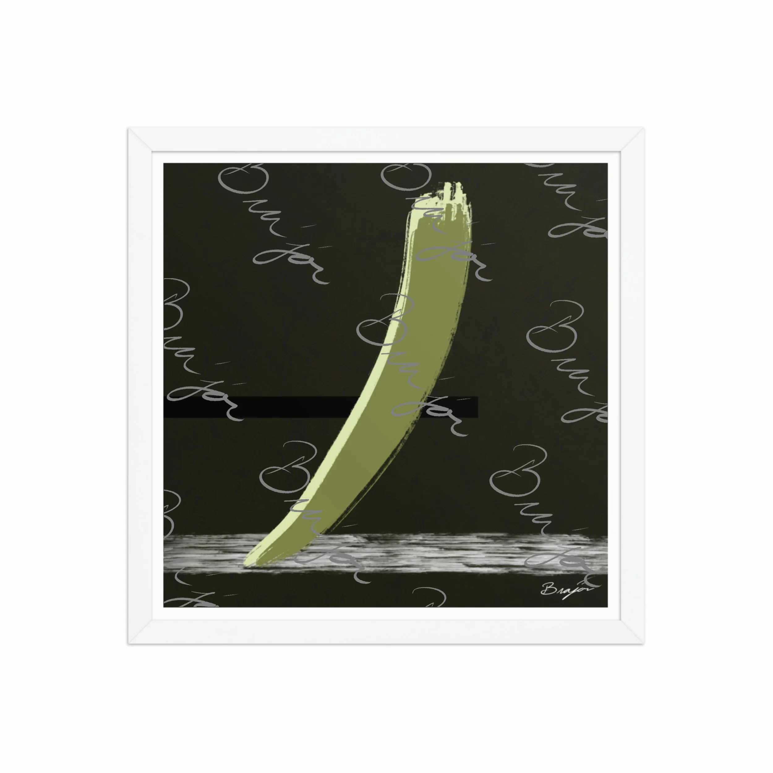 16x16 White Framed abstract artwork titled Drift designed by the digital abstract artist Bra'jor. Artwork includes the colors Green in multiple shades, Black,  White, and Gray