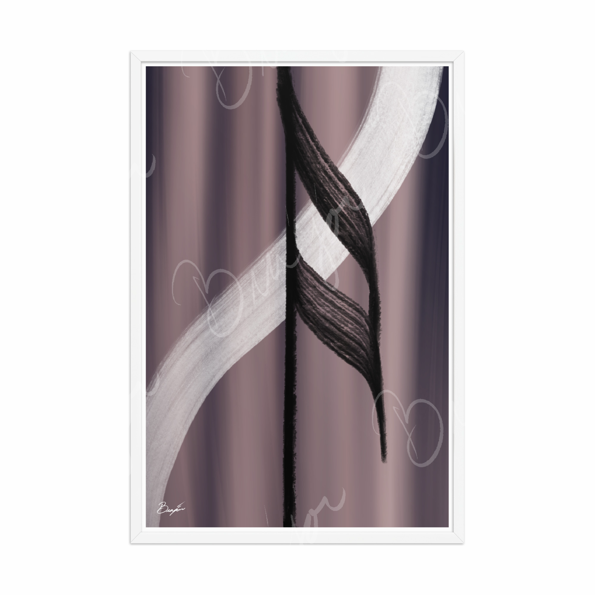 24x36 White Framed Abstract artwork titled A Beat designed by the digital abstract artist Bra'jor. Artwork includes the colors Black, White, Gray, violet, and Mauve