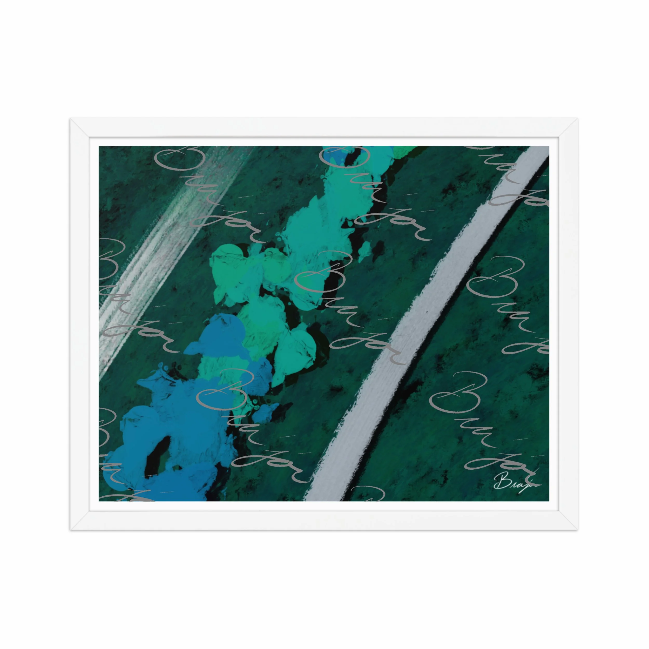 16x20 White Framed abstract artwork titled Breathe designed by the digital abstract artist Bra'jor. Artwork includes the colors Green, Blue, Black, and White