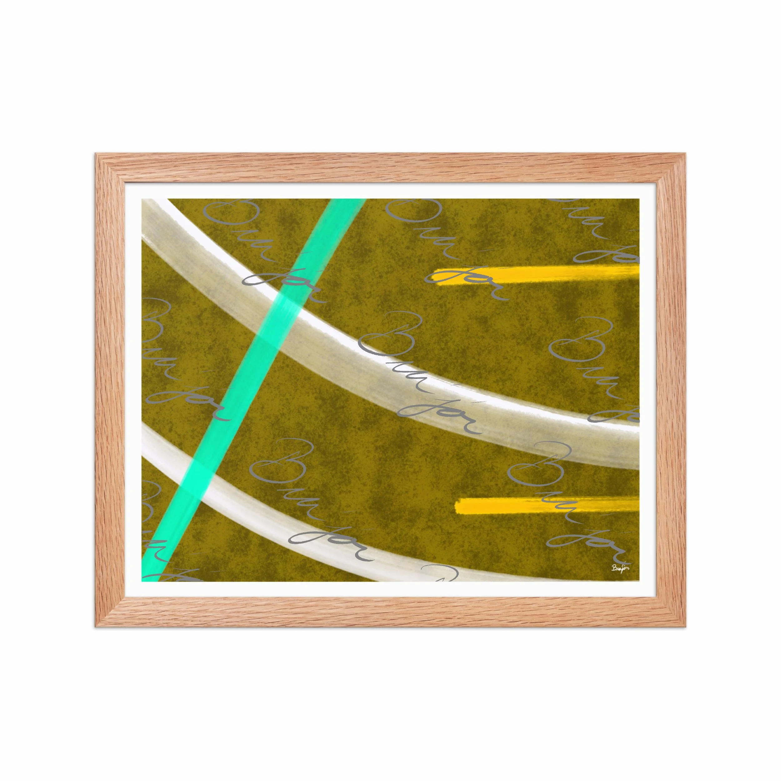11x14 Red Oak Framed Abstract artwork titled Hushed designed by the digital abstract artist Bra'jor. Artwork includes the colors Orange, Yellow, White, and Blue