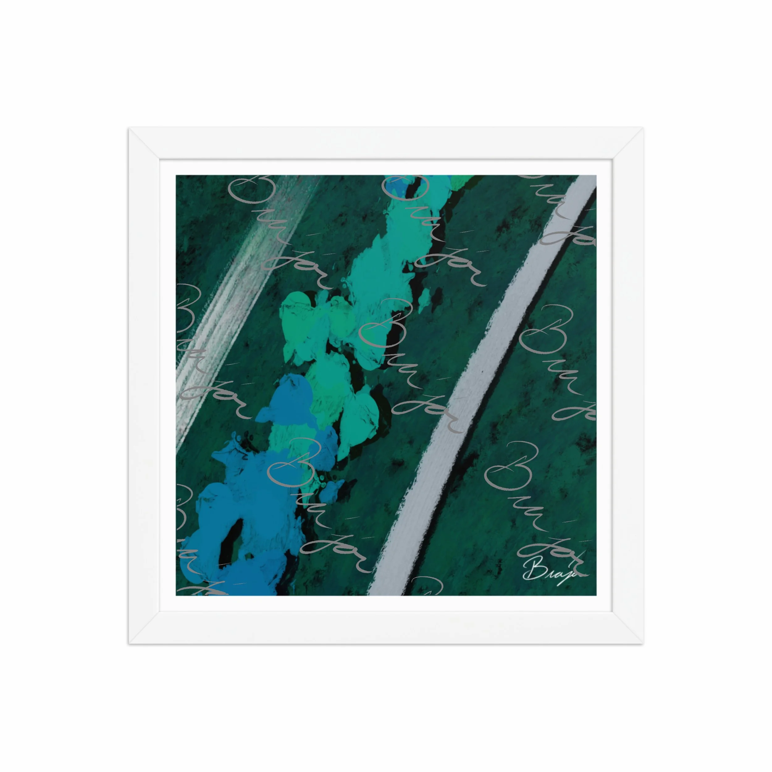 12x12 White Framed abstract artwork titled Breathe designed by the digital abstract artist Bra'jor. Artwork includes the colors Green, Blue, Black, and White