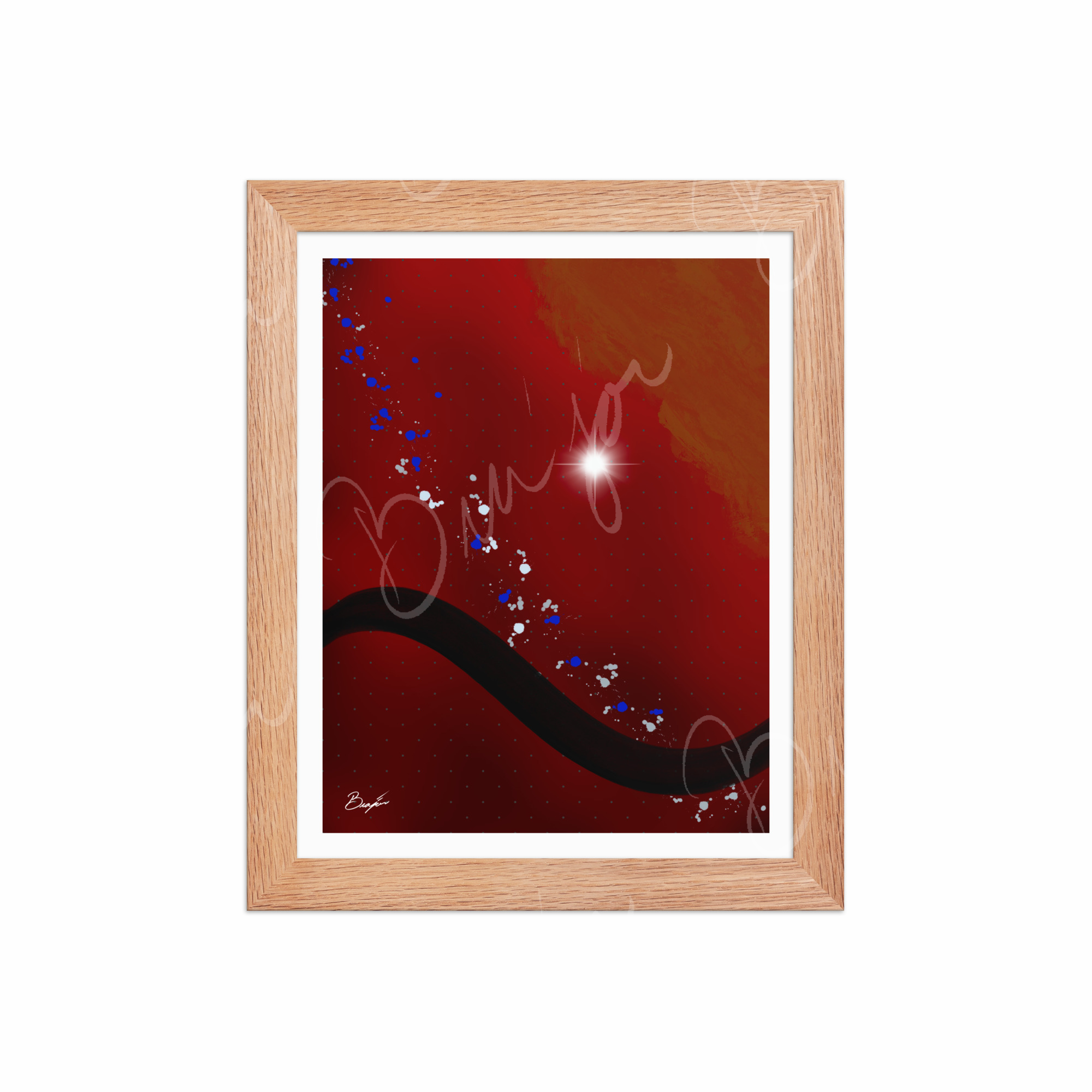 8x10 Red Oak Framed Abstract artwork titled Take Your Place designed by the digital abstract artist Bra'jor. Artwork includes the colors Red, Yellow, Orange, Black, Gray, and White
