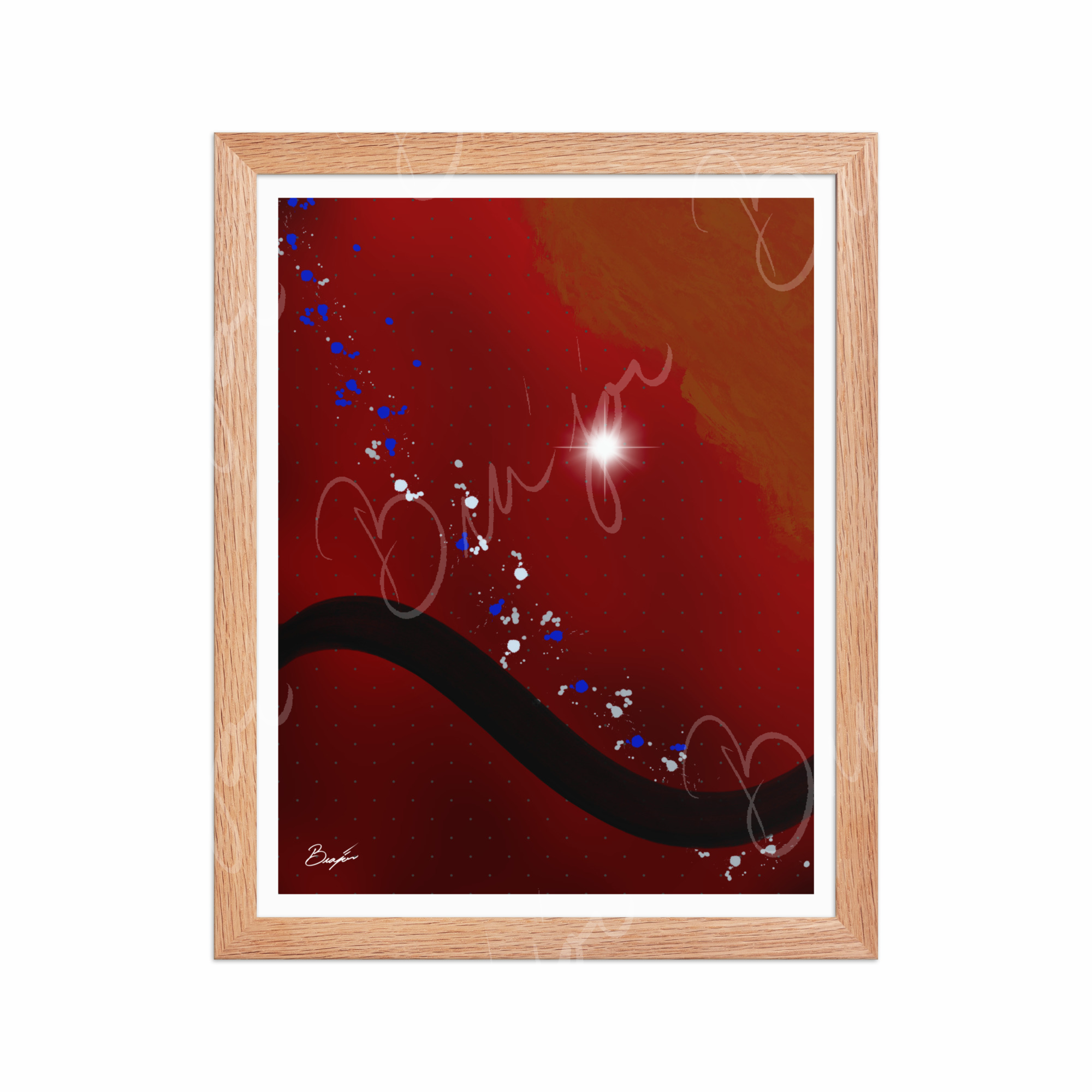 11x14 Red Oak Framed Abstract artwork titled Take Your Place designed by the digital abstract artist Bra'jor. Artwork includes the colors Red, Yellow, Orange, Black, Gray, and White