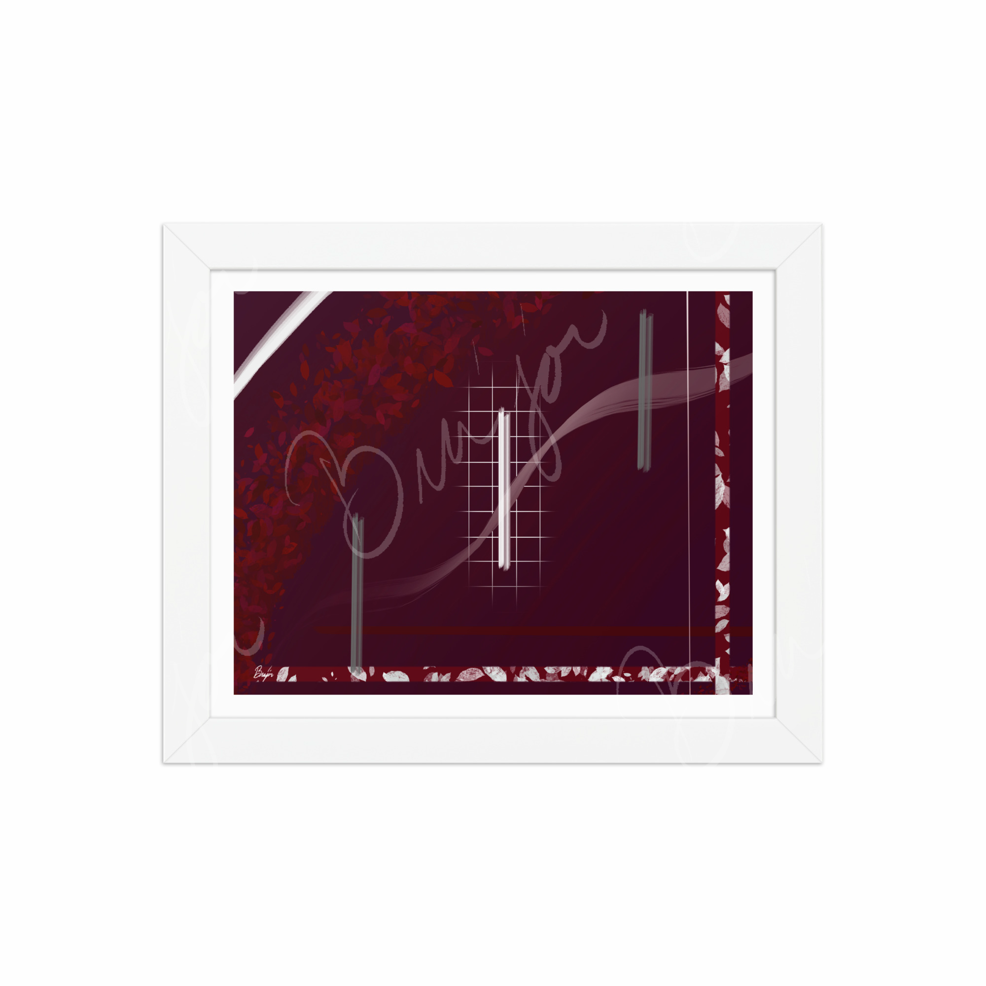 8x10 White Framed Abstract artwork titled Shine designed by the digital abstract artist Bra'jor. Artwork includes the colors Red, Gray, Maroon, White, and Soft Pink