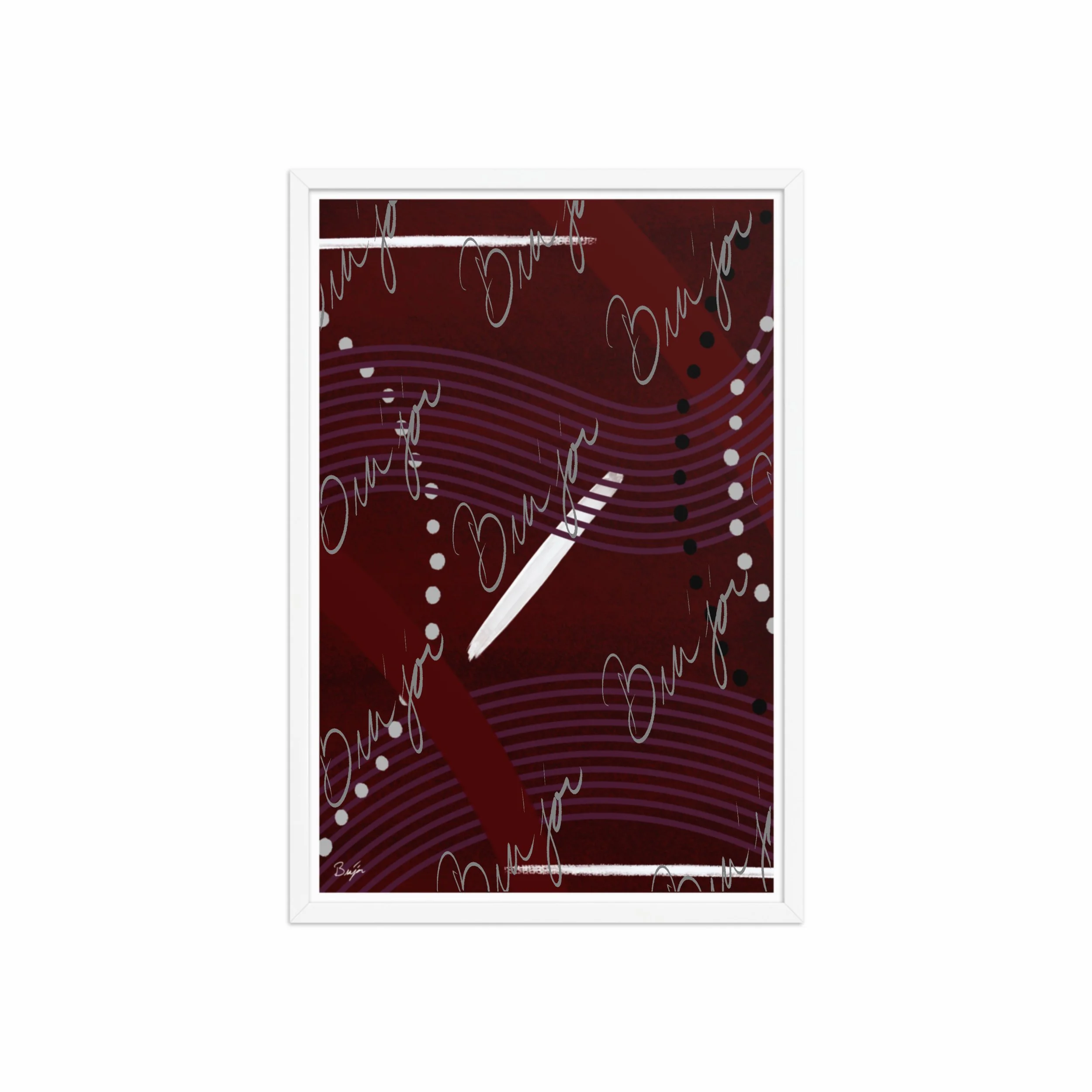 20x30 White Framed Abstract artwork titled Memories designed by the digital abstract artist Bra'jor. Artwork includes the colors Black, White, Maroon, Purple, and Gray