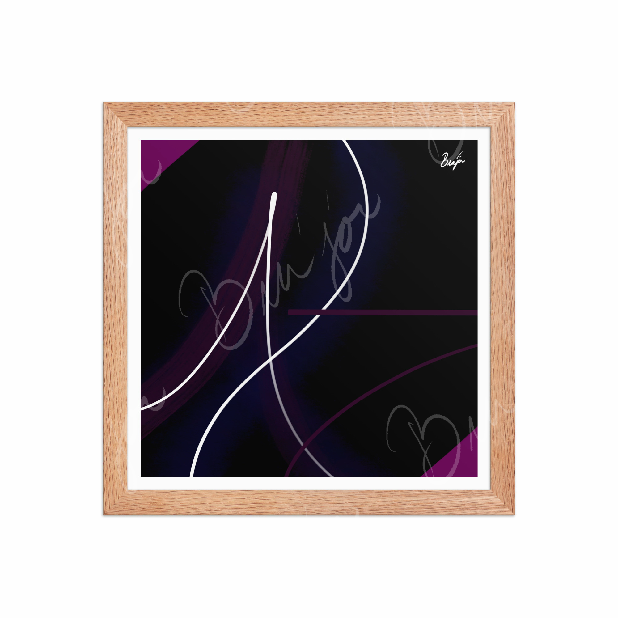 12x12 Red Oak Framed Abstract artwork titled Poised designed by the digital abstract artist Bra'jor. Artwork includes the colors Purple, Pink, Blue, and White
