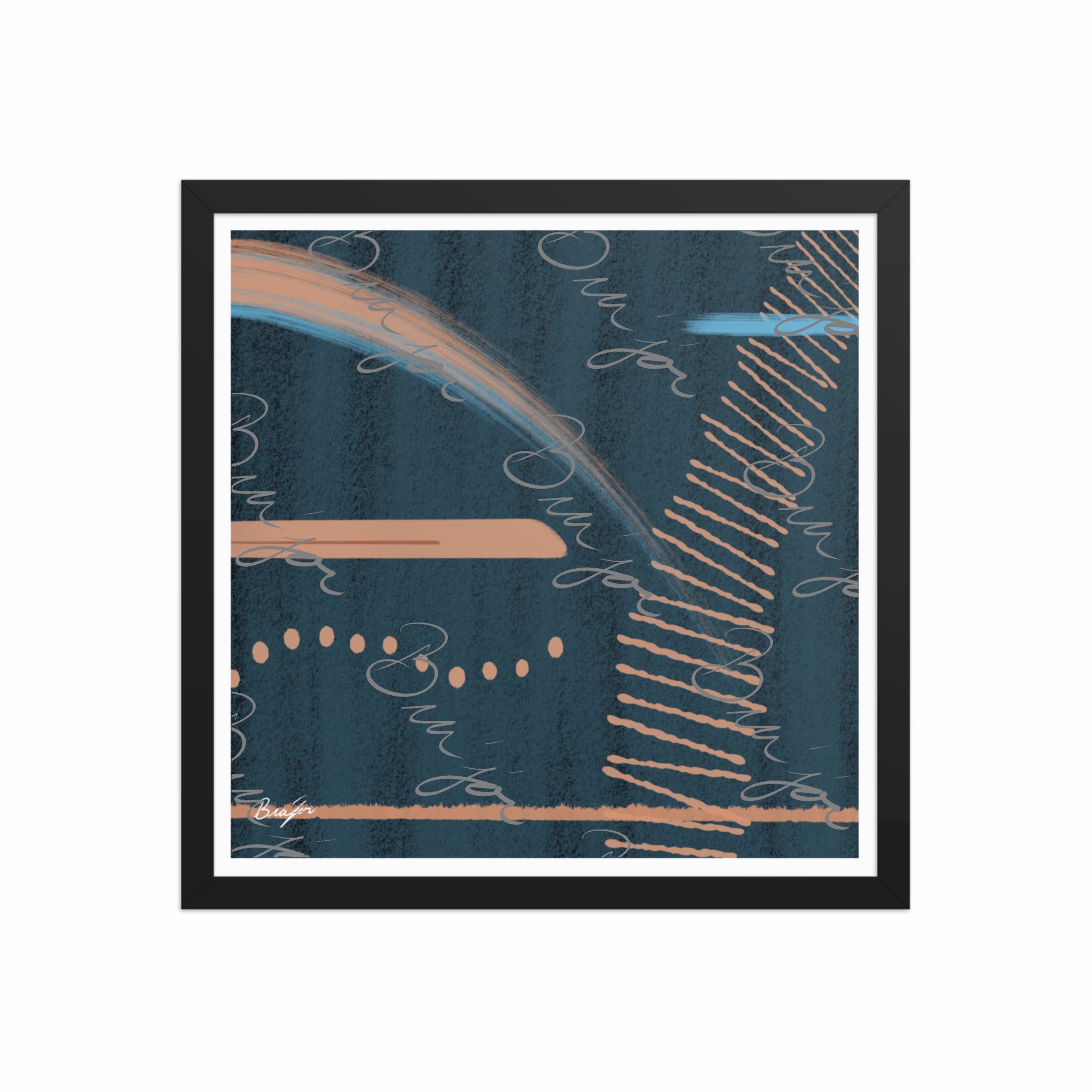 16x16 Black Framed abstract artwork titled Effort designed by the digital abstract artist Bra'jor. Artwork includes the colors Black, Blue, Brown, and Tan