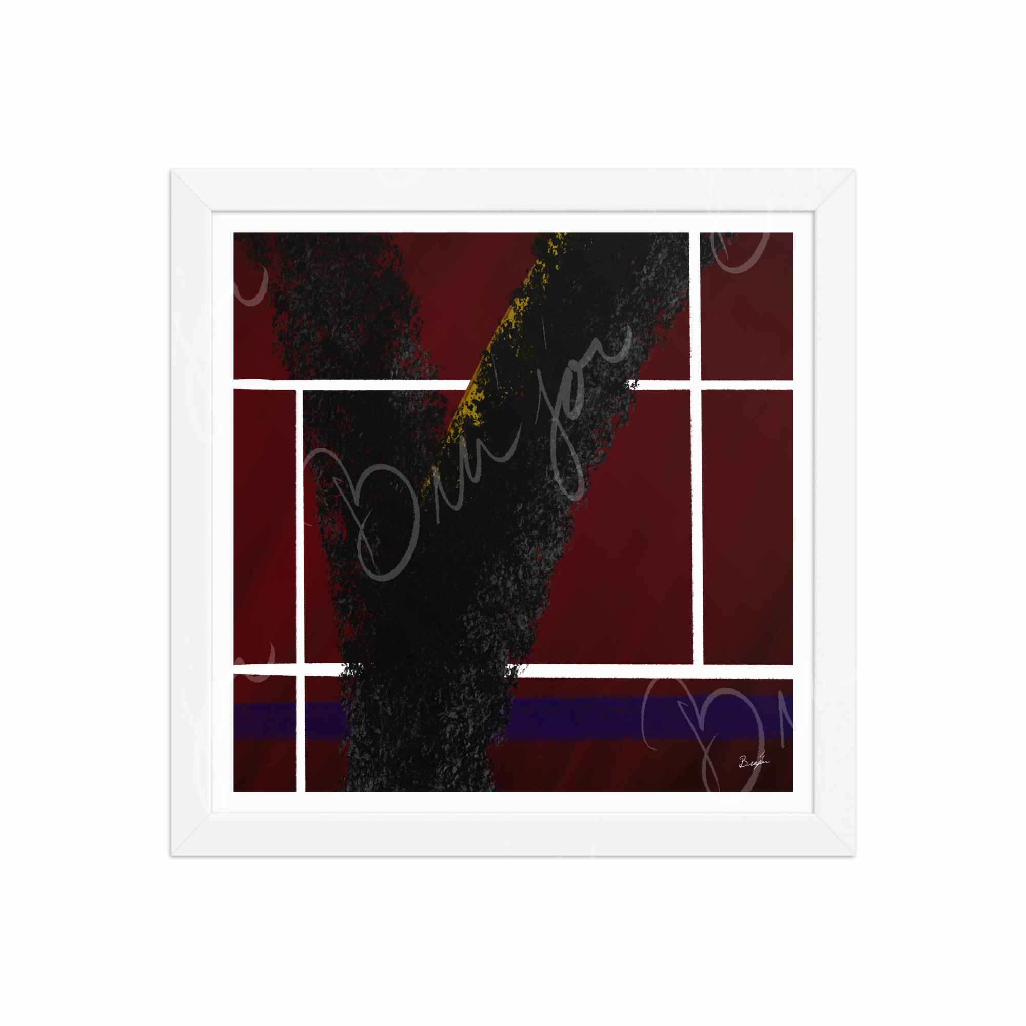 12x12 White Framed Abstract artwork titled Step Out designed by the digital abstract artist Bra'jor. Artwork includes the colors Red, White, Black, Yellow, and Blue