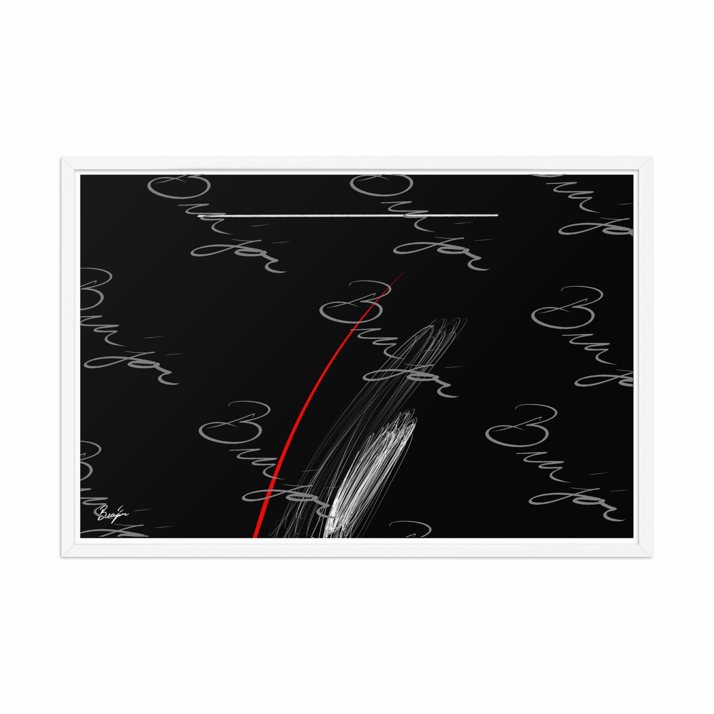 24x36 White Framed Self Titled Abstract artwork ‘Bra’jor’ designed by the digital abstract artist Bra'jor. Artwork includes the colors Black, Red, and White