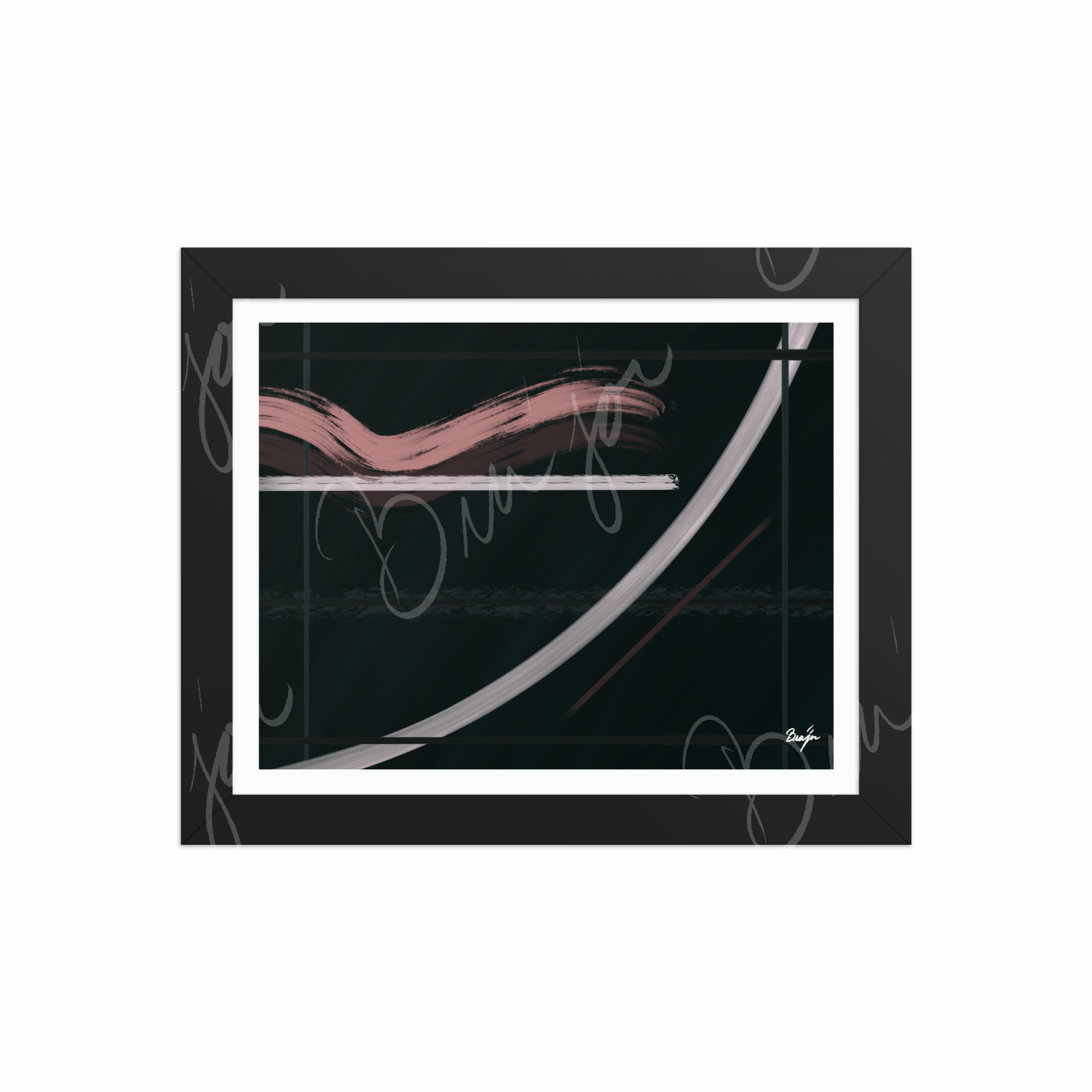 8x10 Black Framed Abstract artwork titled Together designed by the digital abstract artist Bra'jor. Artwork includes the colors Brown, Pink, Green, and White