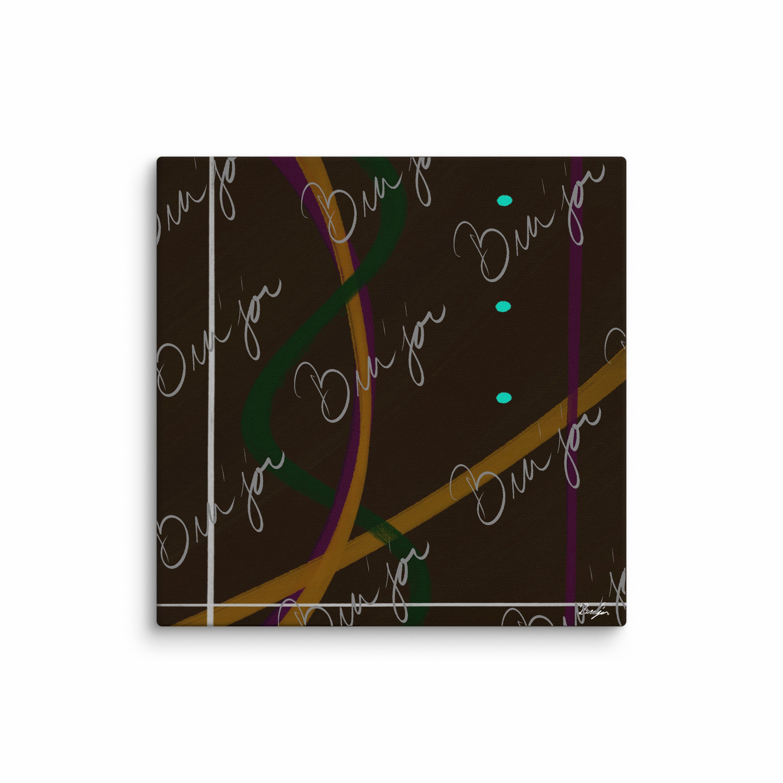 32x32 XL Canvas Abstract artwork titled Button Up designed by the digital abstract artist Bra'jor. Artwork includes the colors Orange, Purple, Green, White, and Brown